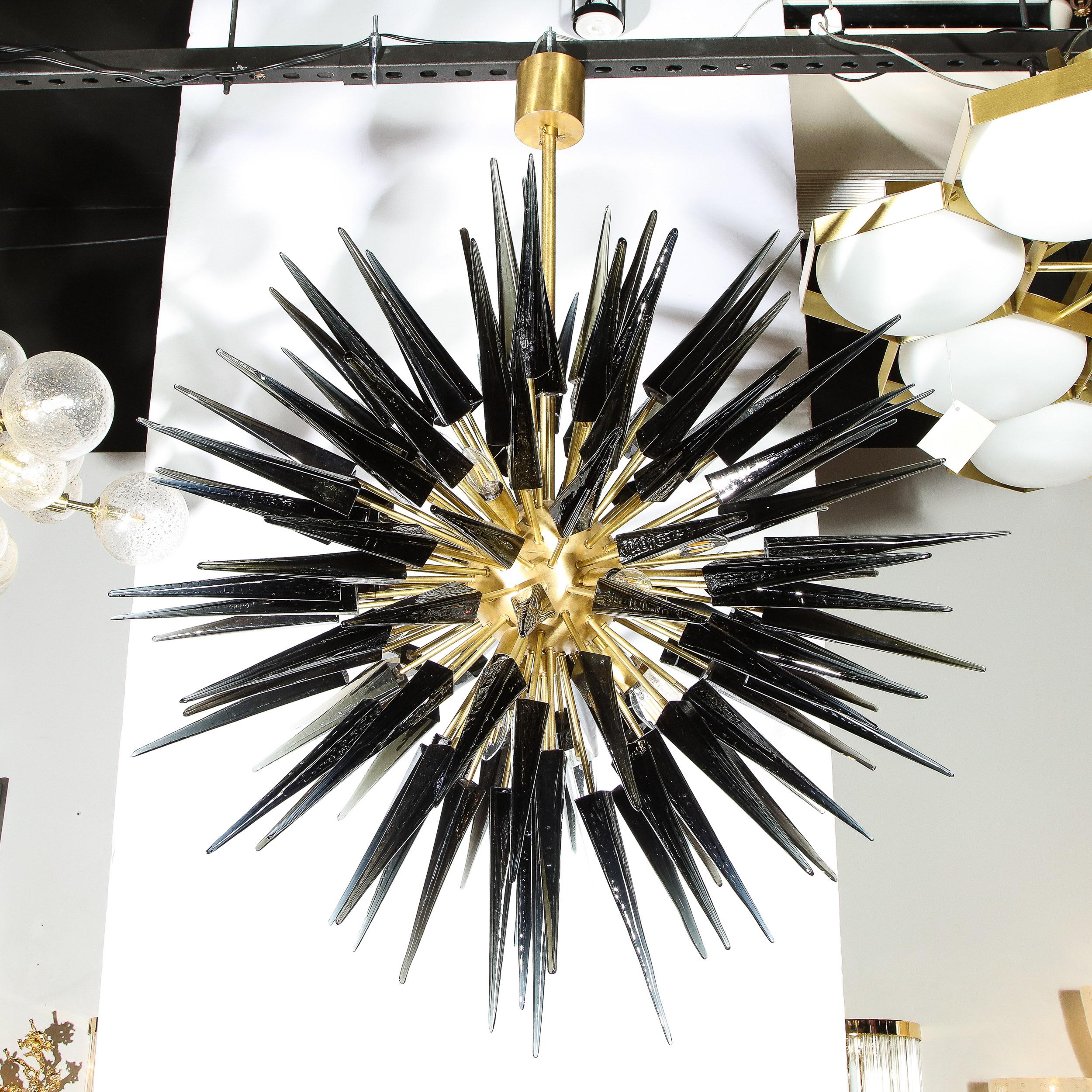 Modern Brass Starburst Chandelier with Graphite Hand Blown Murano Glass Obelisks 1