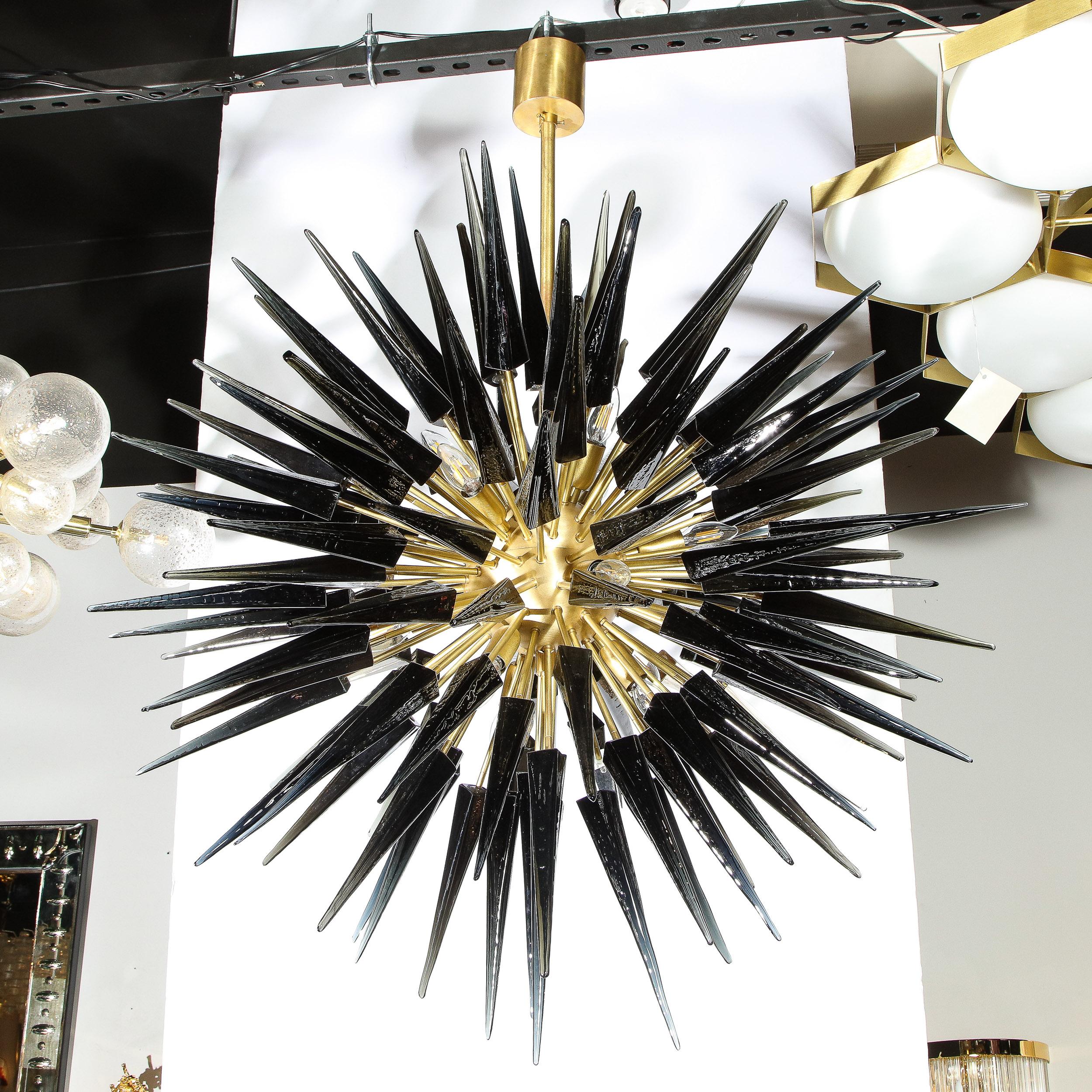 Modern Brass Starburst Chandelier with Graphite Hand Blown Murano Glass Obelisks 2