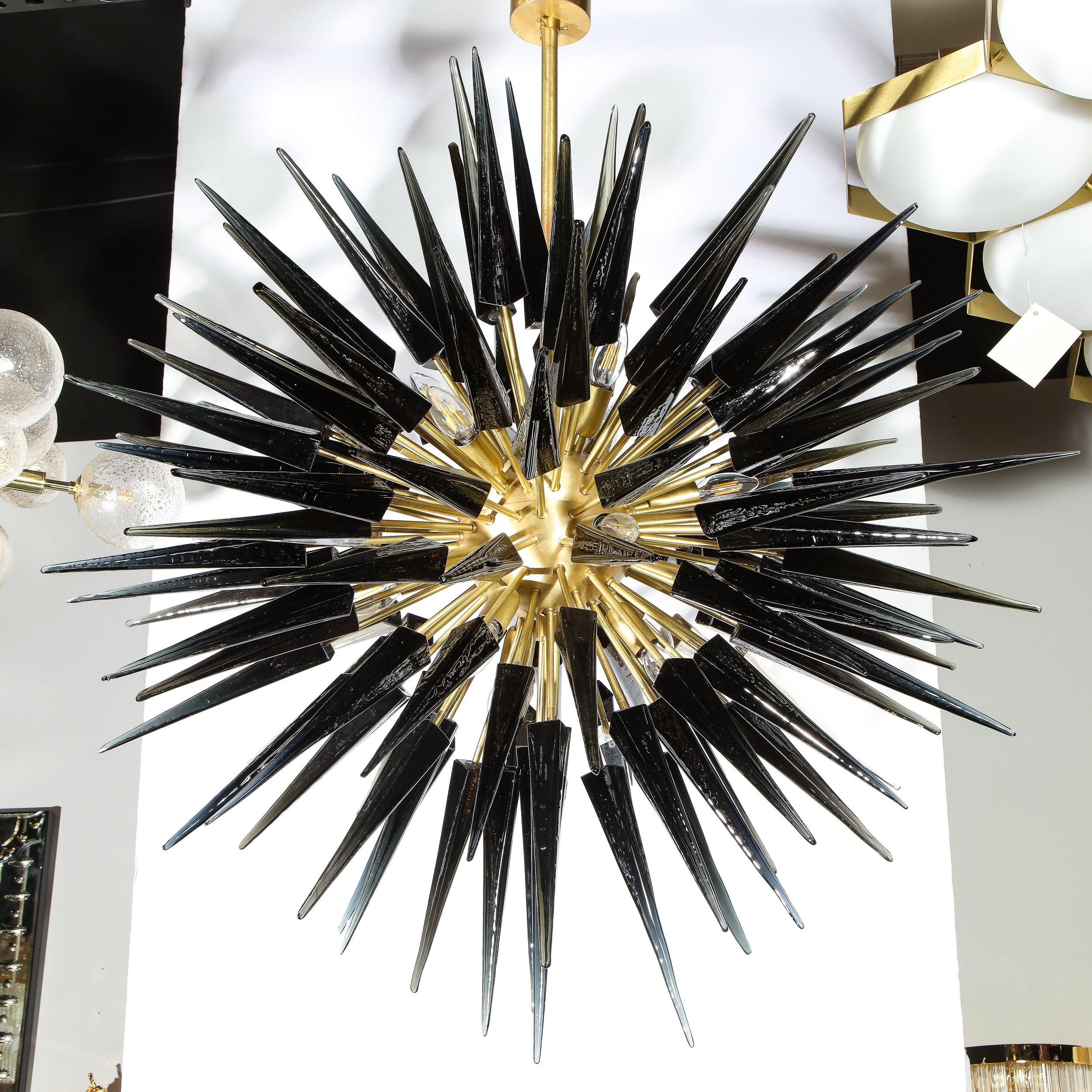 Modern Brass Starburst Chandelier with Graphite Hand Blown Murano Glass Obelisks 3