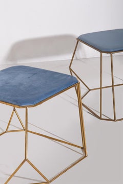 Modern Brass Stool with Blue Velvet Seats