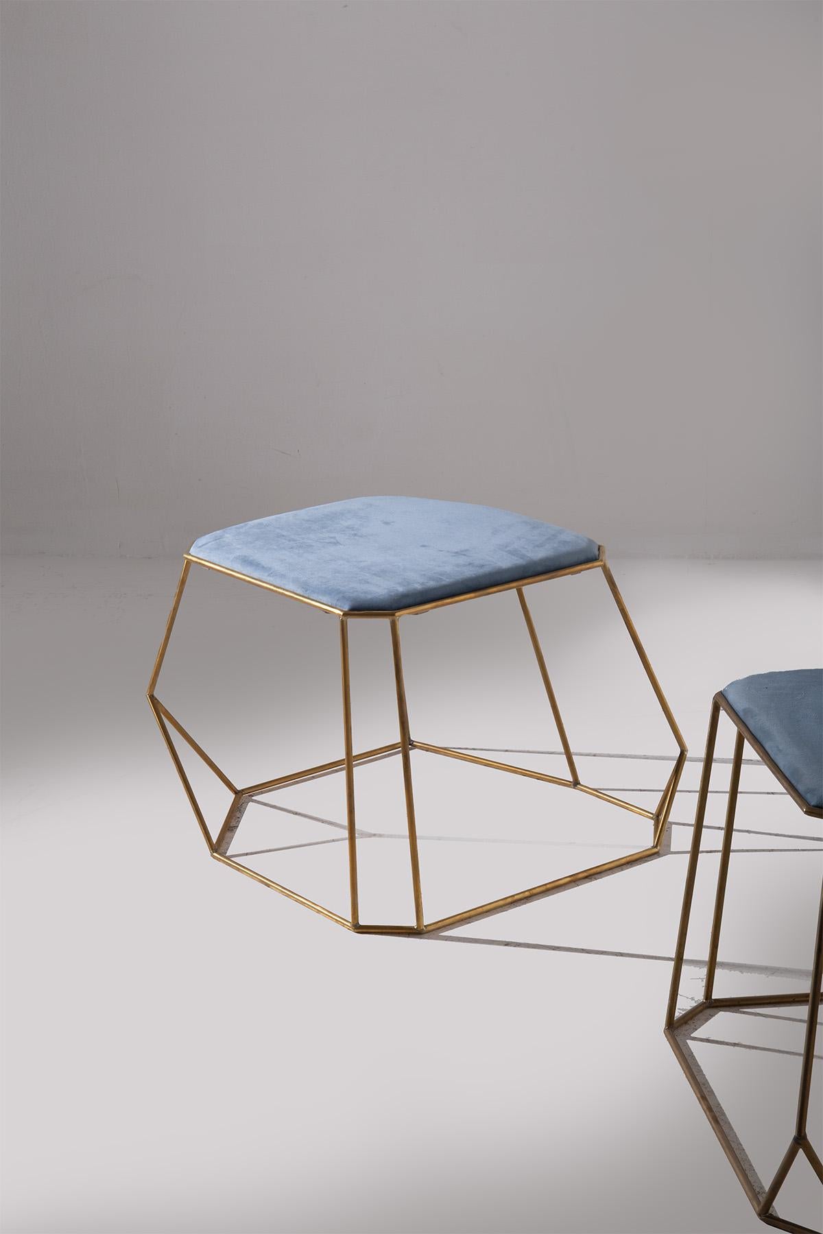 Italian Modern Brass Stool with Blue Velvet Seats For Sale