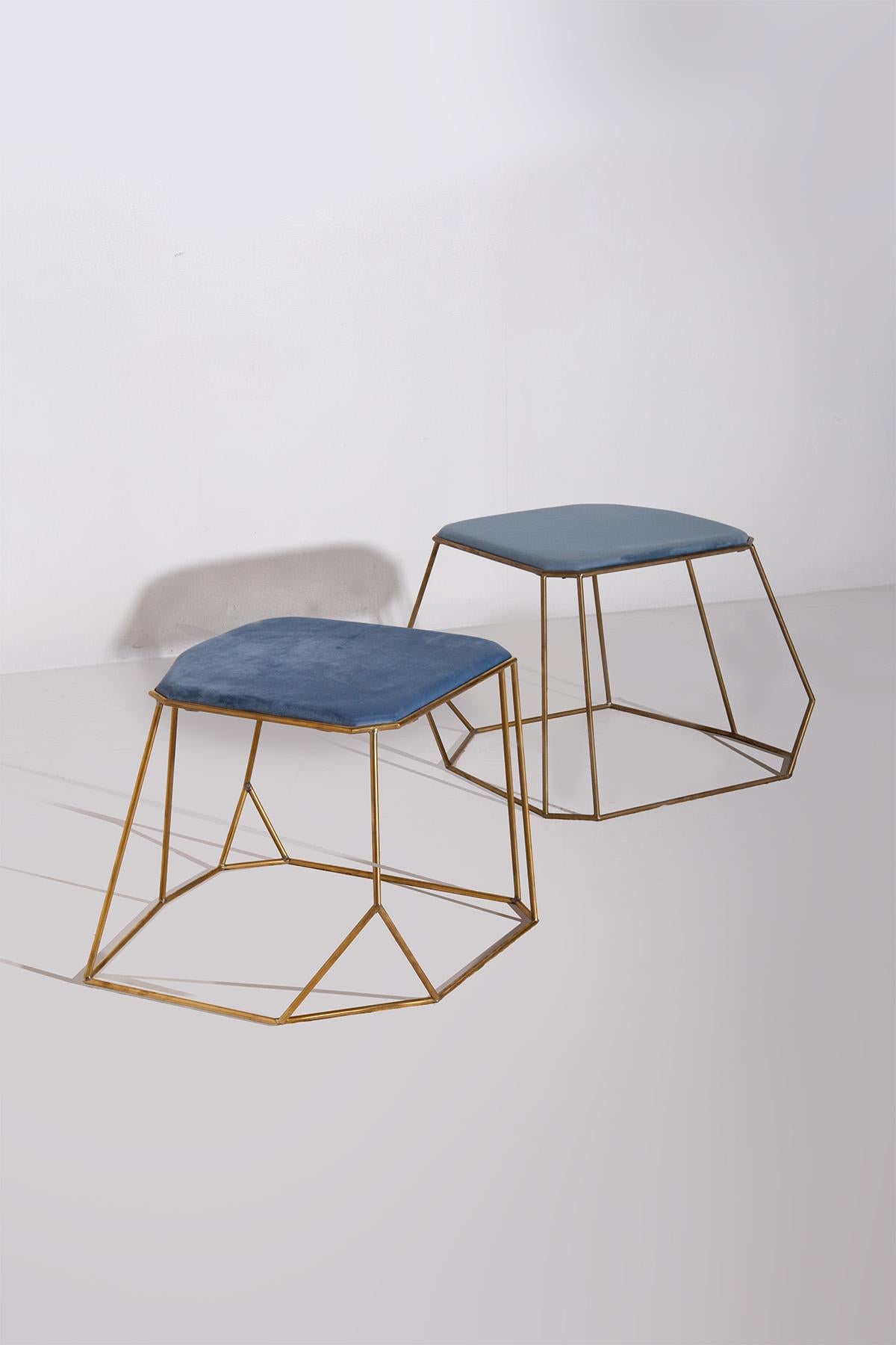 Contemporary Modern Brass Stool with Blue Velvet Seats For Sale