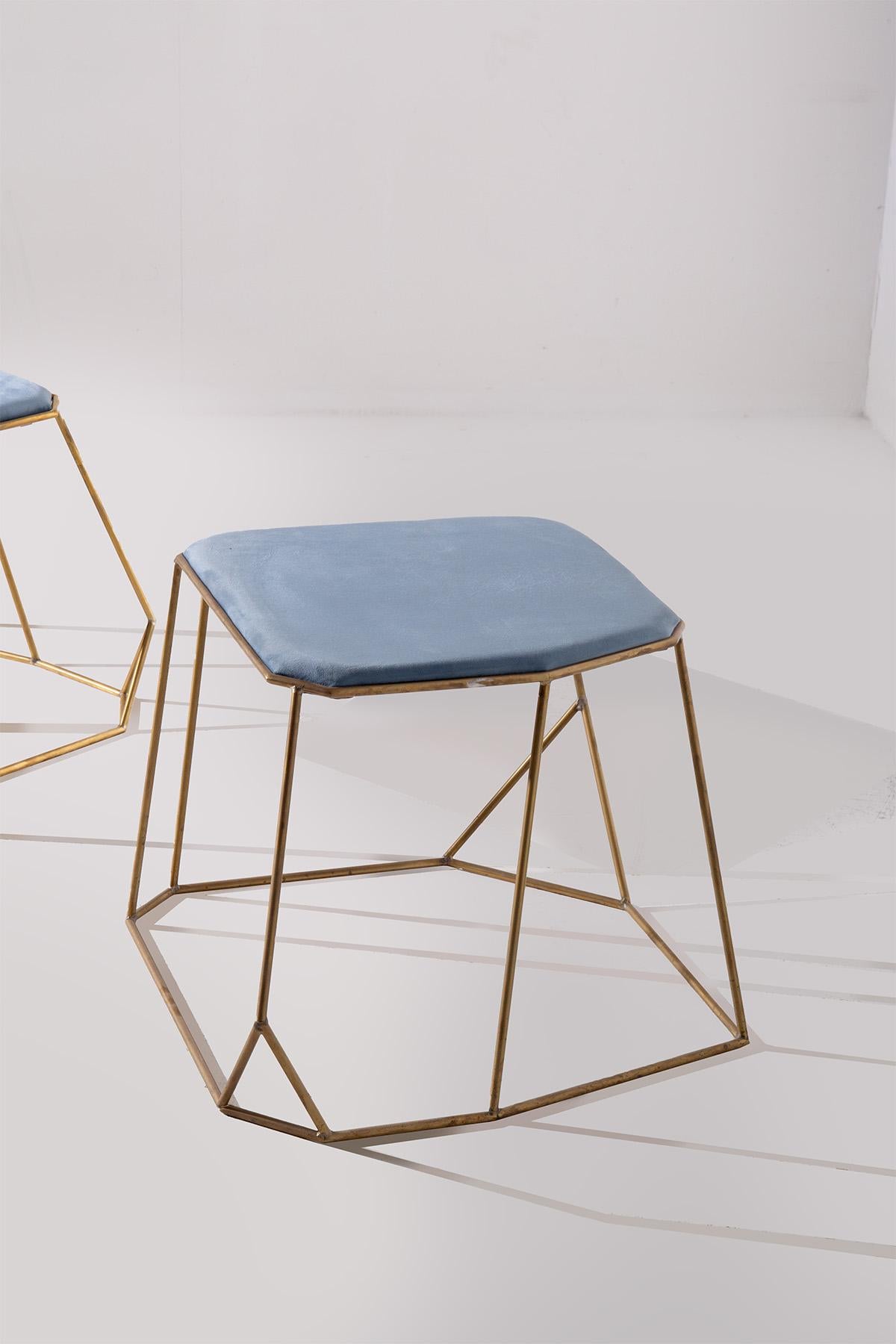 Modern Brass Stool with Blue Velvet Seats For Sale 1
