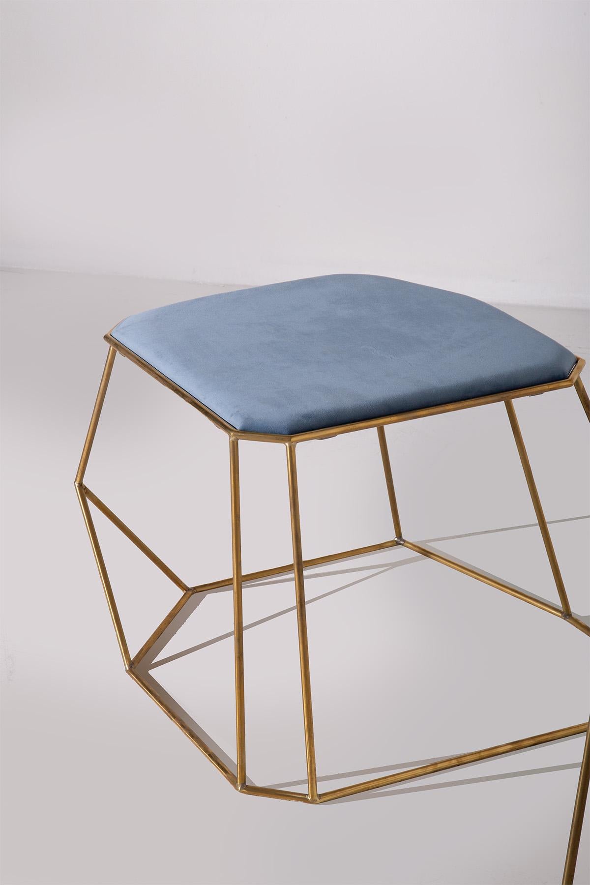 Modern Brass Stool with Blue Velvet Seats For Sale 2