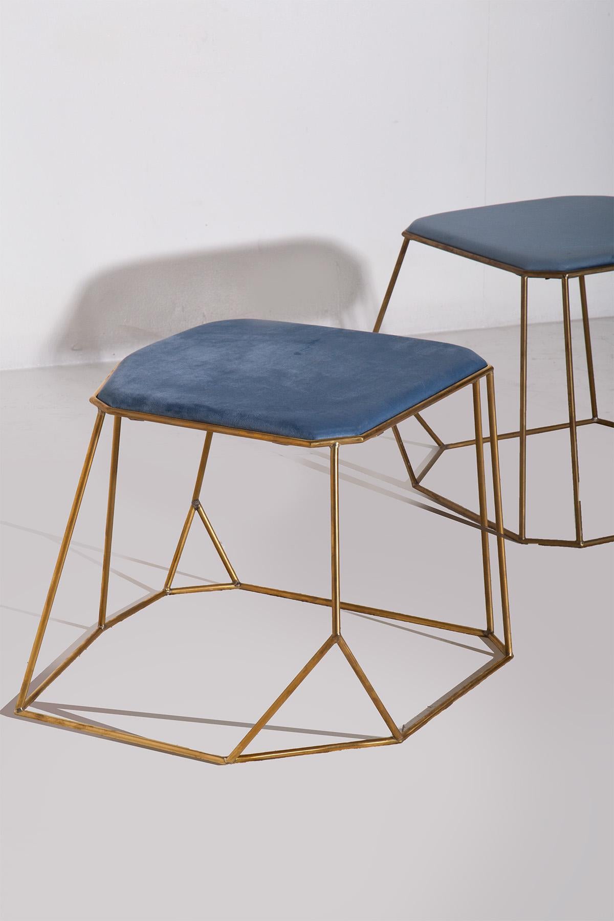 Modern Brass Stool with Blue Velvet Seats For Sale 3