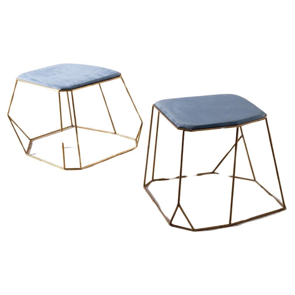 Modern Brass Stool with Blue Velvet Seats For Sale
