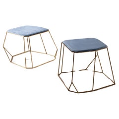 Modern Brass Stool with Blue Velvet Seats
