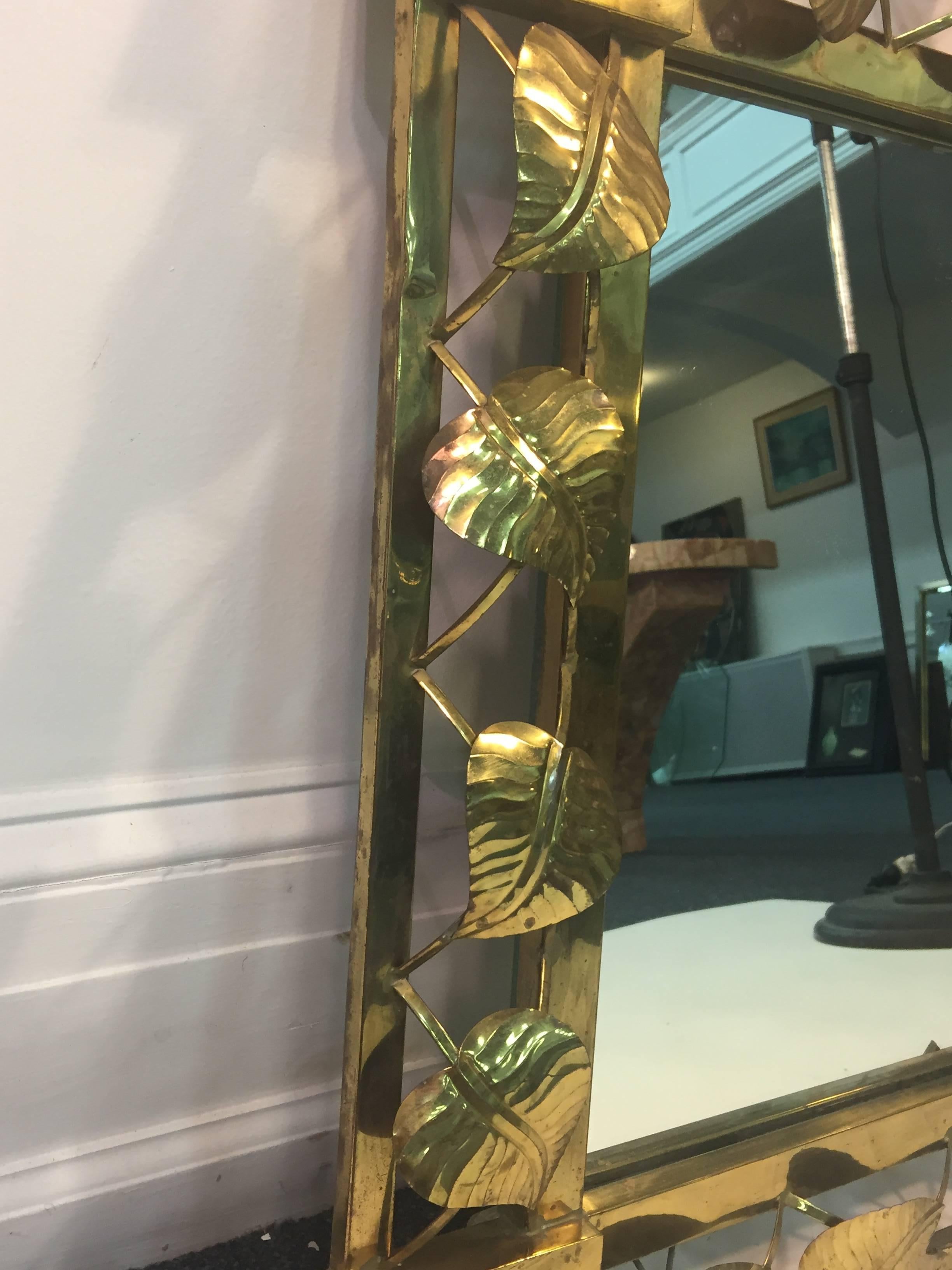 Modern Brass Stylized Flower and Leaves Mirror For Sale 1