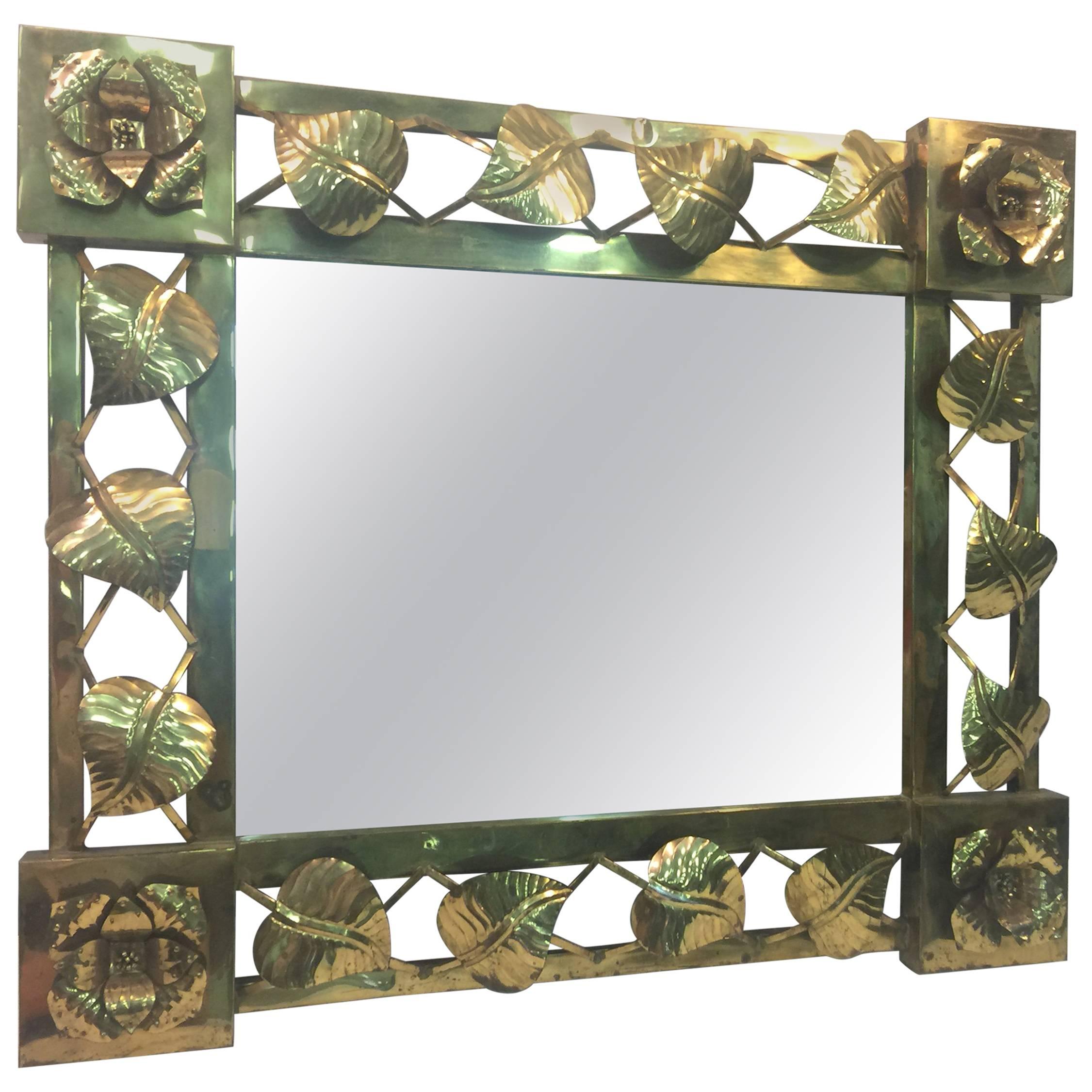 Modern Brass Stylized Flower and Leaves Mirror For Sale