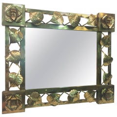 Vintage Modern Brass Stylized Flower and Leaves Mirror