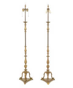 Pair of Brass Torchère Floor Lamps in Pricket Candlestick Form