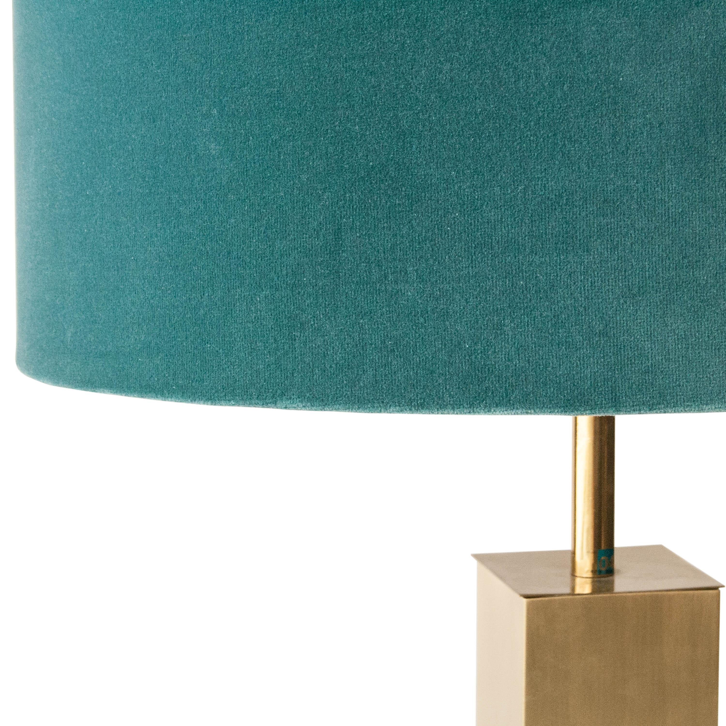 Table lamp with brass structure and turquoise velvet shade, France, 1970.