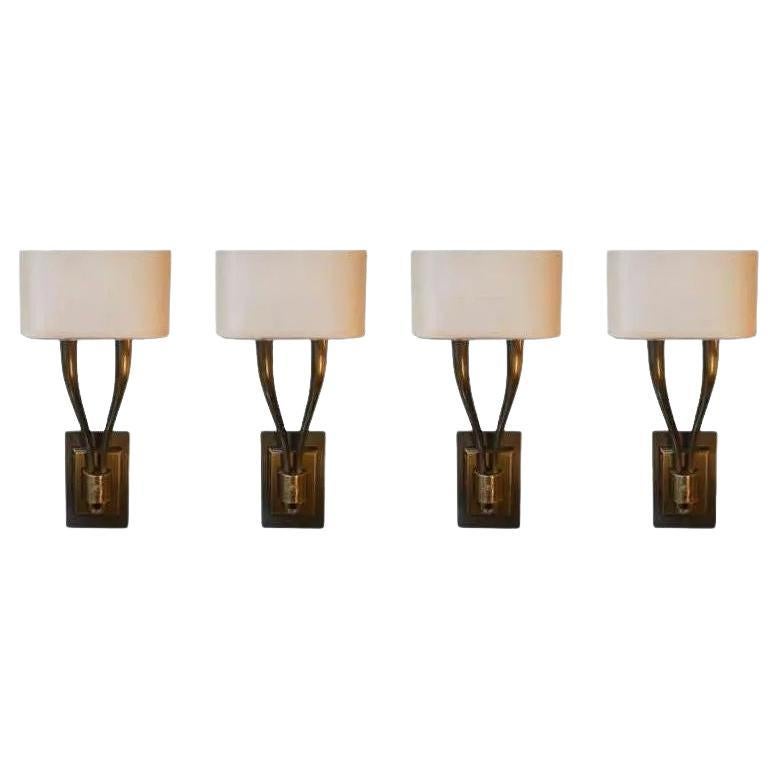 Modern Brass Two Armed Sconces, Set of Four For Sale