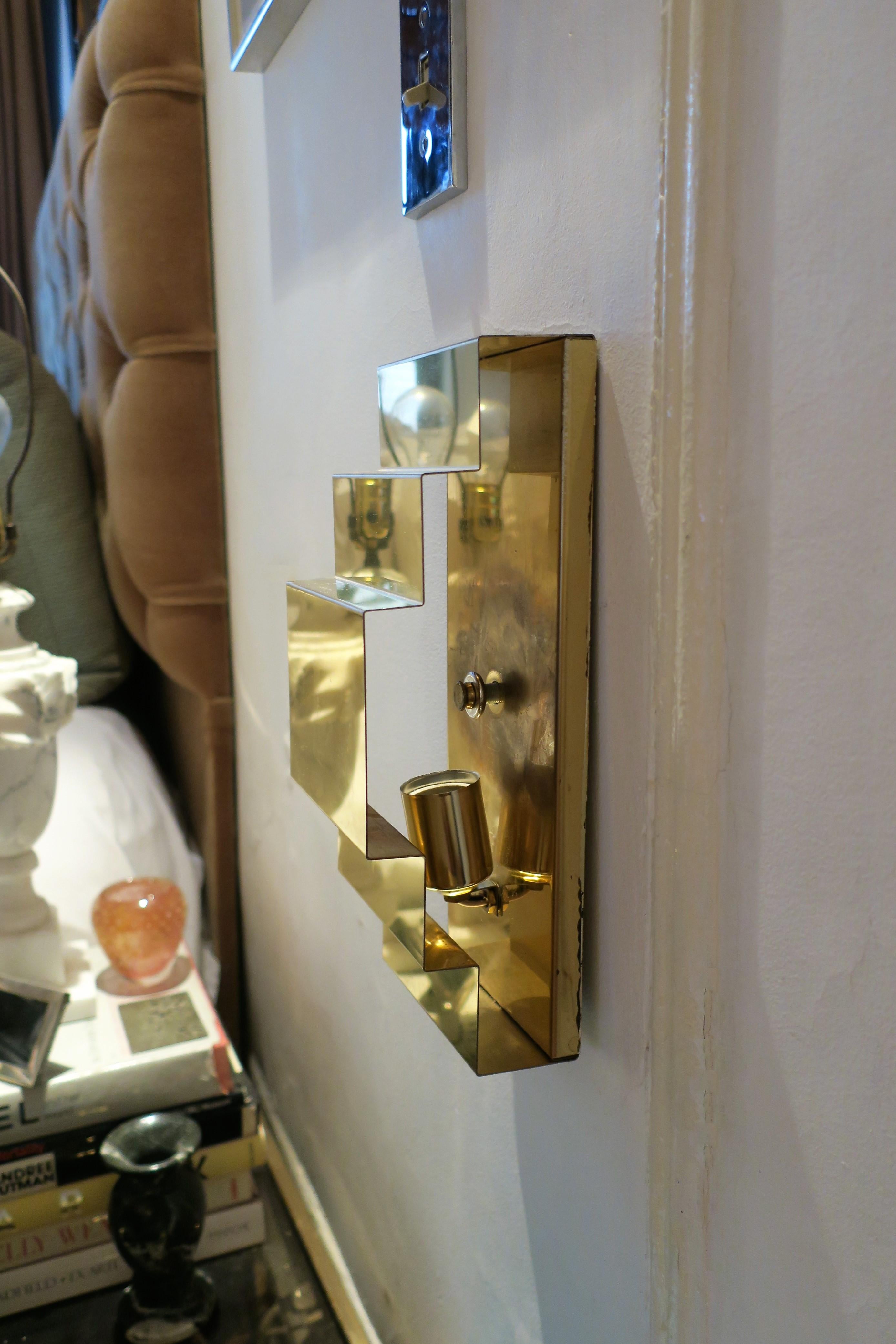 Plated 70s Modern Art Deco Brass Wall Sconces Paul Evans Style, circa 1970s For Sale
