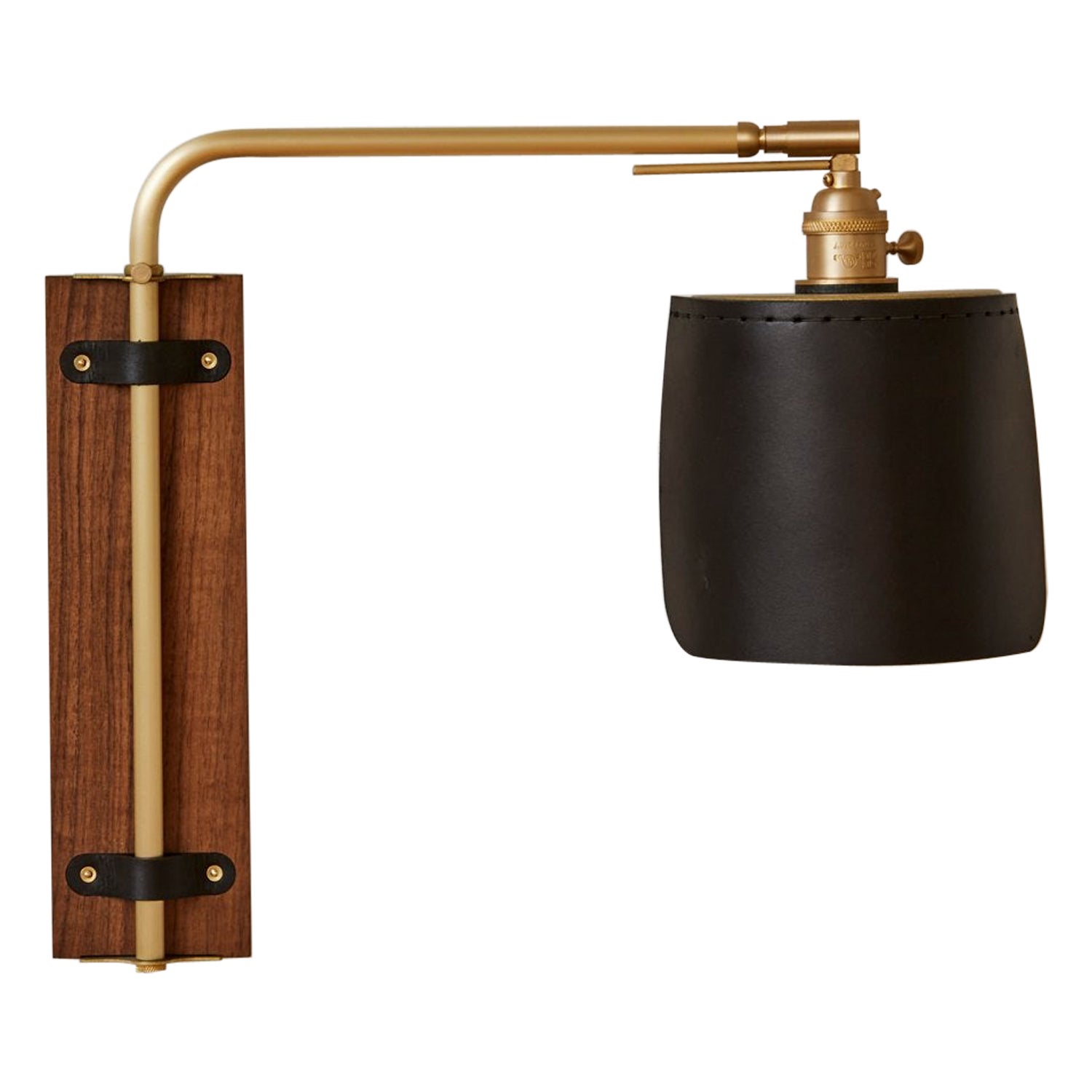 Moderne moderne Ava-Leuchte aus Messing und Walnussholz in schwarzem Leder, plug-in