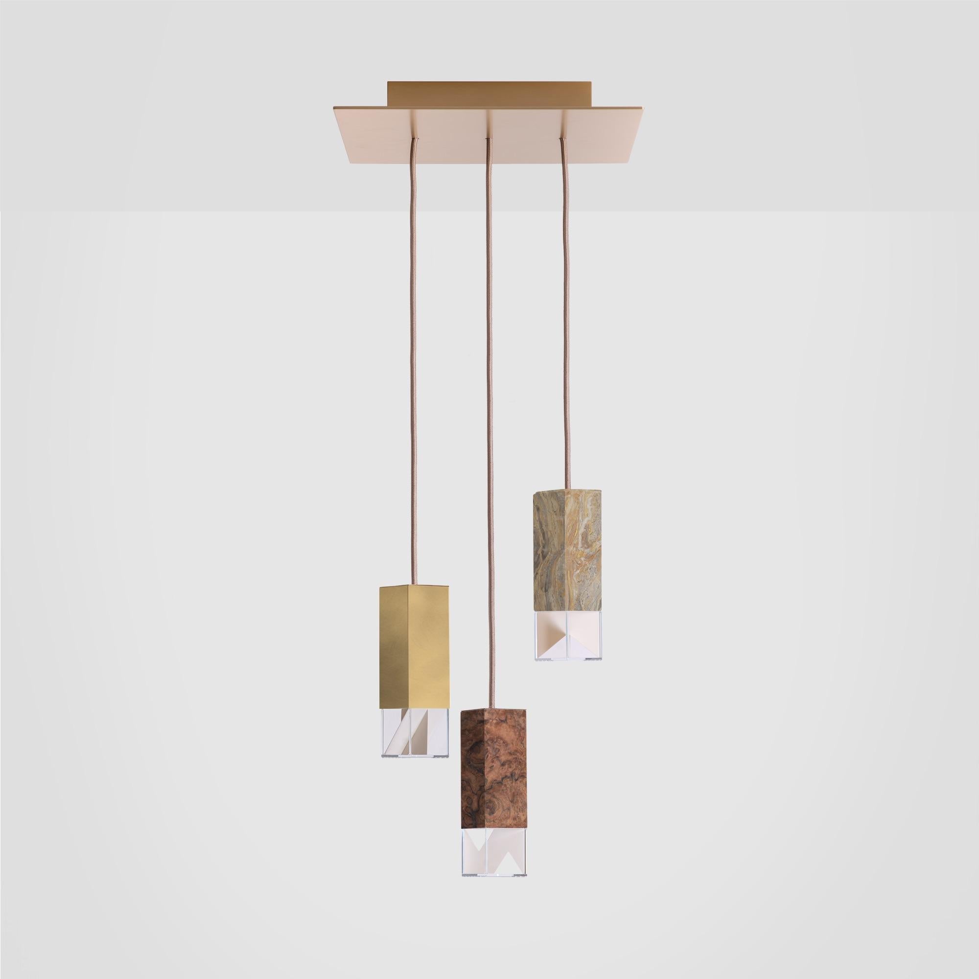 About
Modern 3 Light Chandelier Brass, Walnut and Arabescato Marble by Formaminima

Lamp/One Revamp Edition Chandelier 02
Design by Formaminima
Chandelier
Materials:
Body lamp handcrafted in burnished brushed brass, solid Arabescato Orobico marble,
