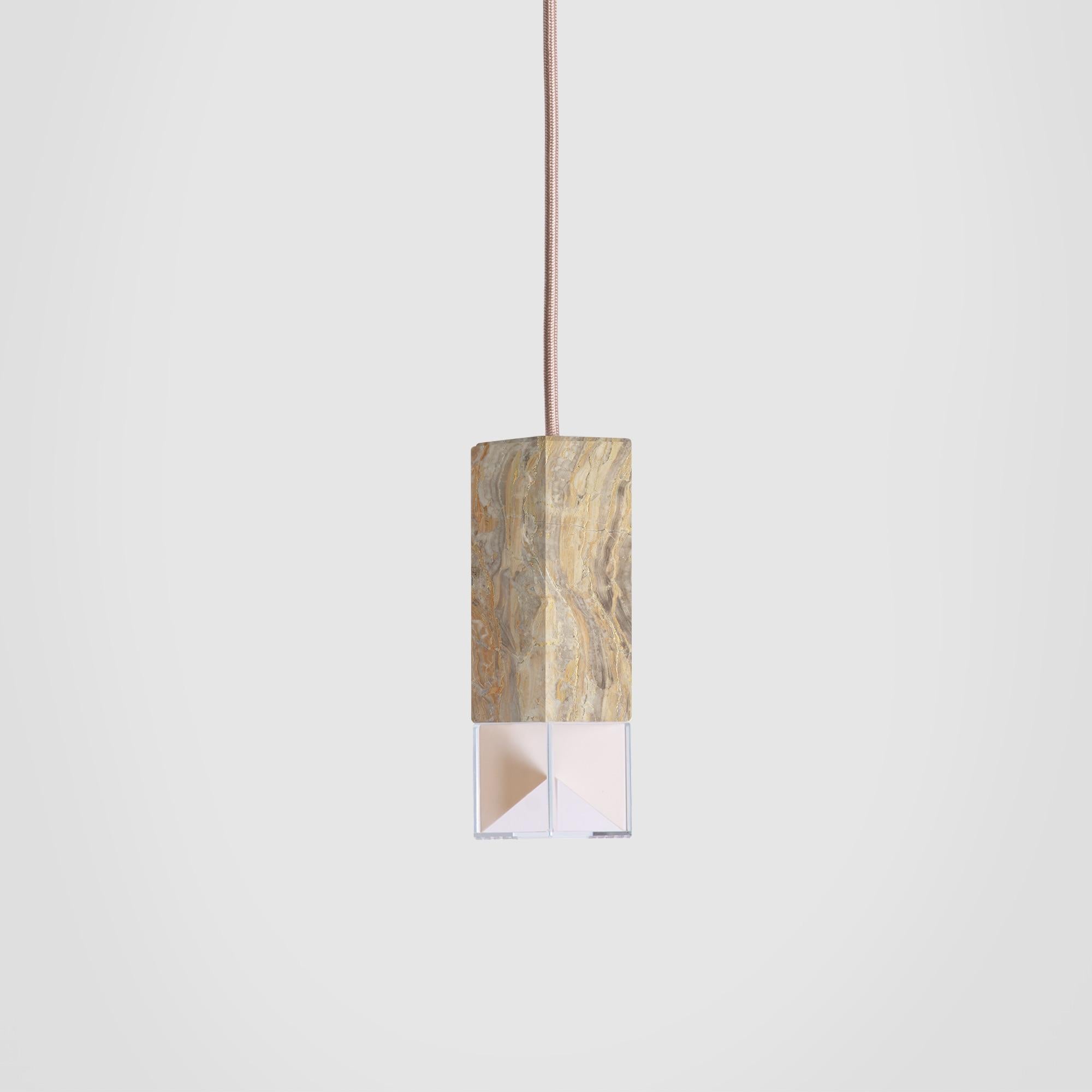 Contemporary Modern 3 Light Chandelier Brass, Walnut and Arabescato Marble by Formaminima For Sale