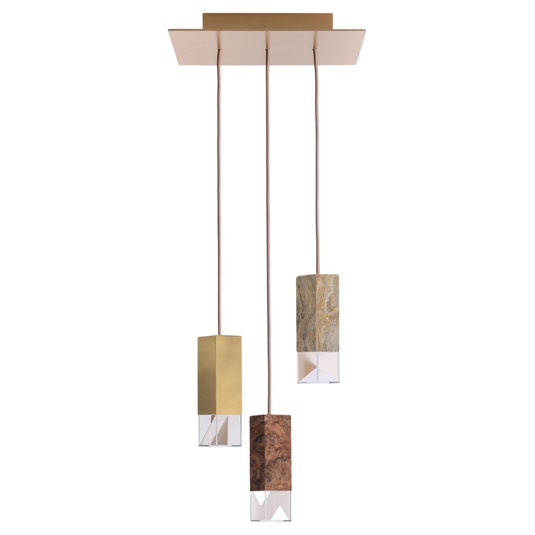 Modern 3 Light Chandelier Brass, Walnut and Arabescato Marble by Formaminima For Sale