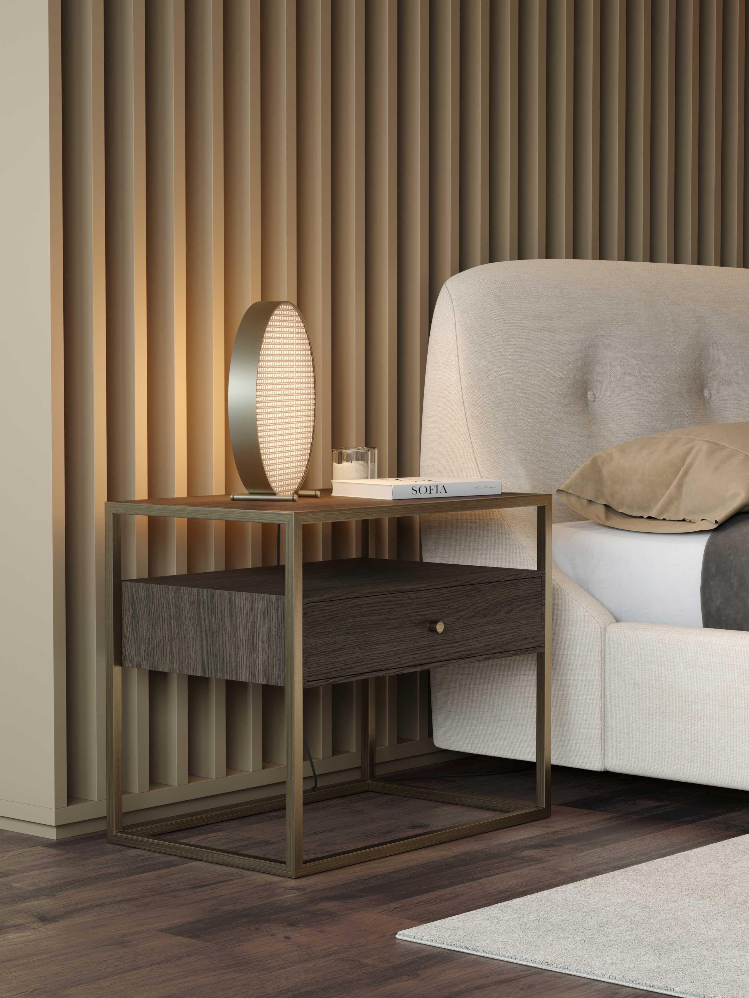 Modern Bridge Night Stand Made With Oak and Brass Bronzed by Stylish Club For Sale 1