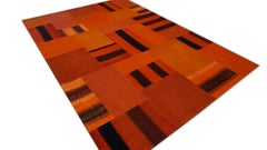 Modern Bright Orange with Black Striped Patchwork Wool Rug 5'x7'1''