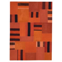 Modern Bright Orange with Black Striped Patchwork Wool Rug 5'x7'1''
