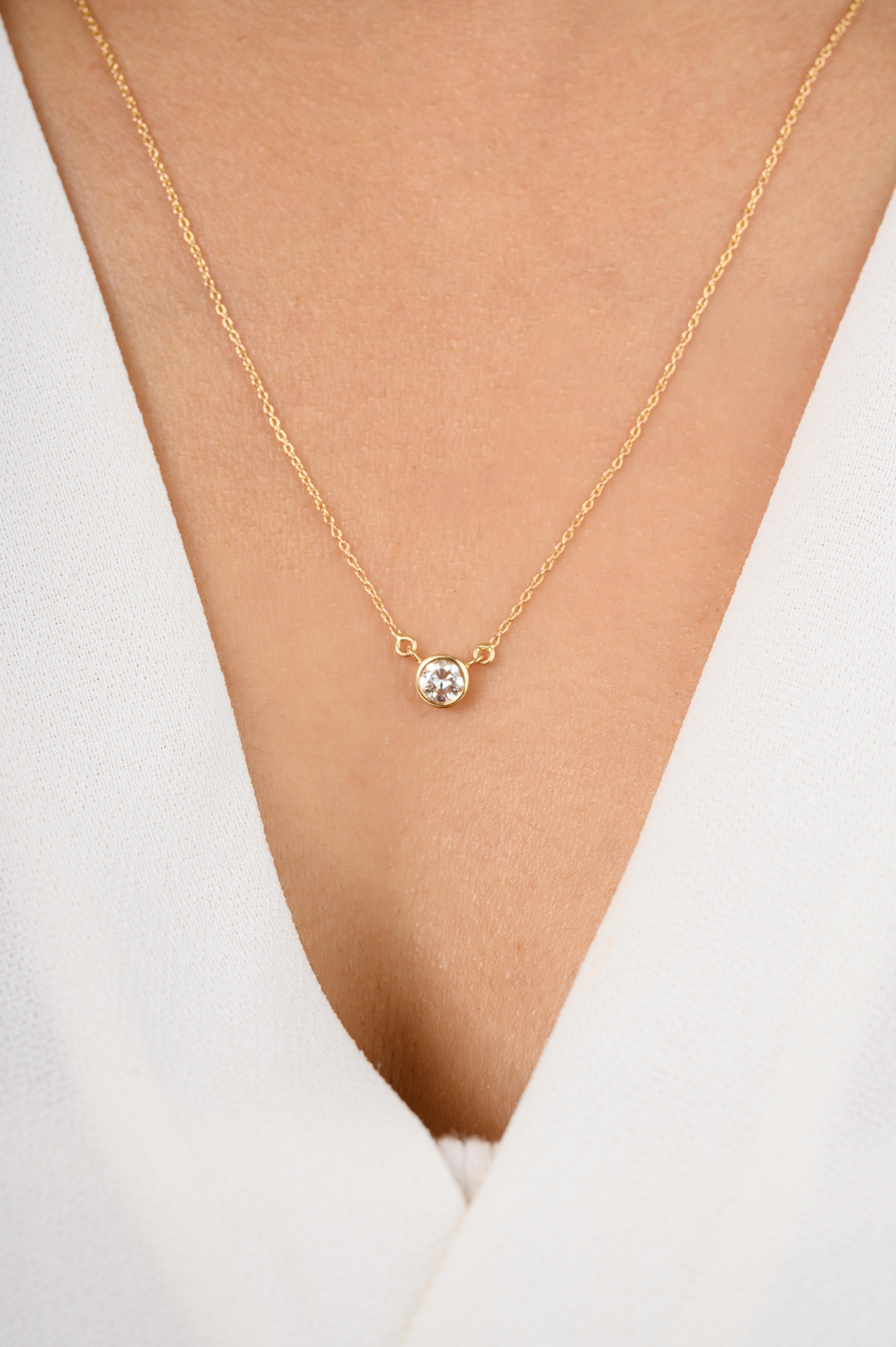 G Vs Round Diamond Everyday Solitaire Pendant Necklace Gift in 18K Gold studded in gold. This stunning piece of jewelry instantly elevates a casual look or dressy outfit. 
April birthstone diamond brings love, fame, success and prosperity.
Designed