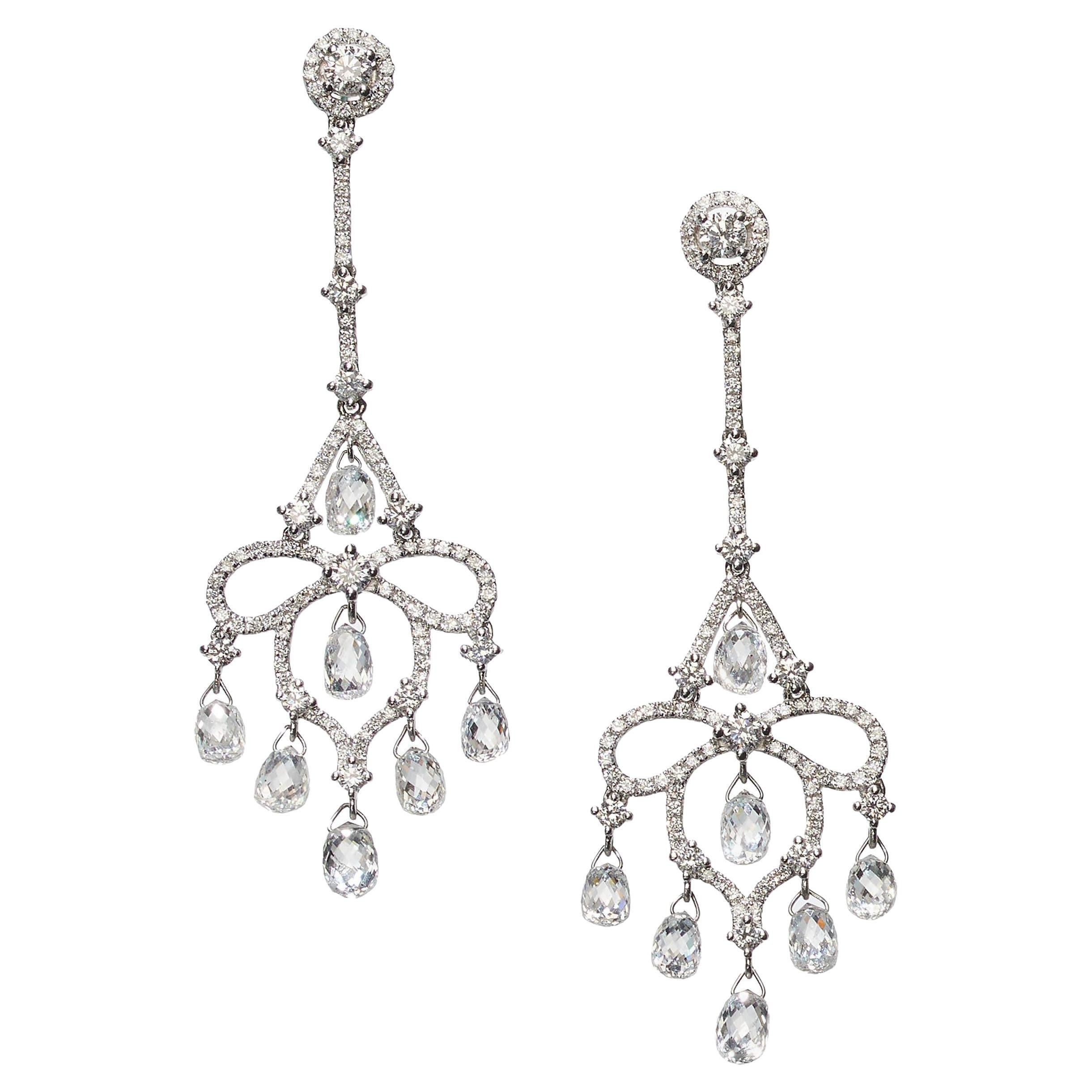 Modern Briolette Diamond and 18 Karat White Gold Drop Earrings, 7.23 Carats For Sale