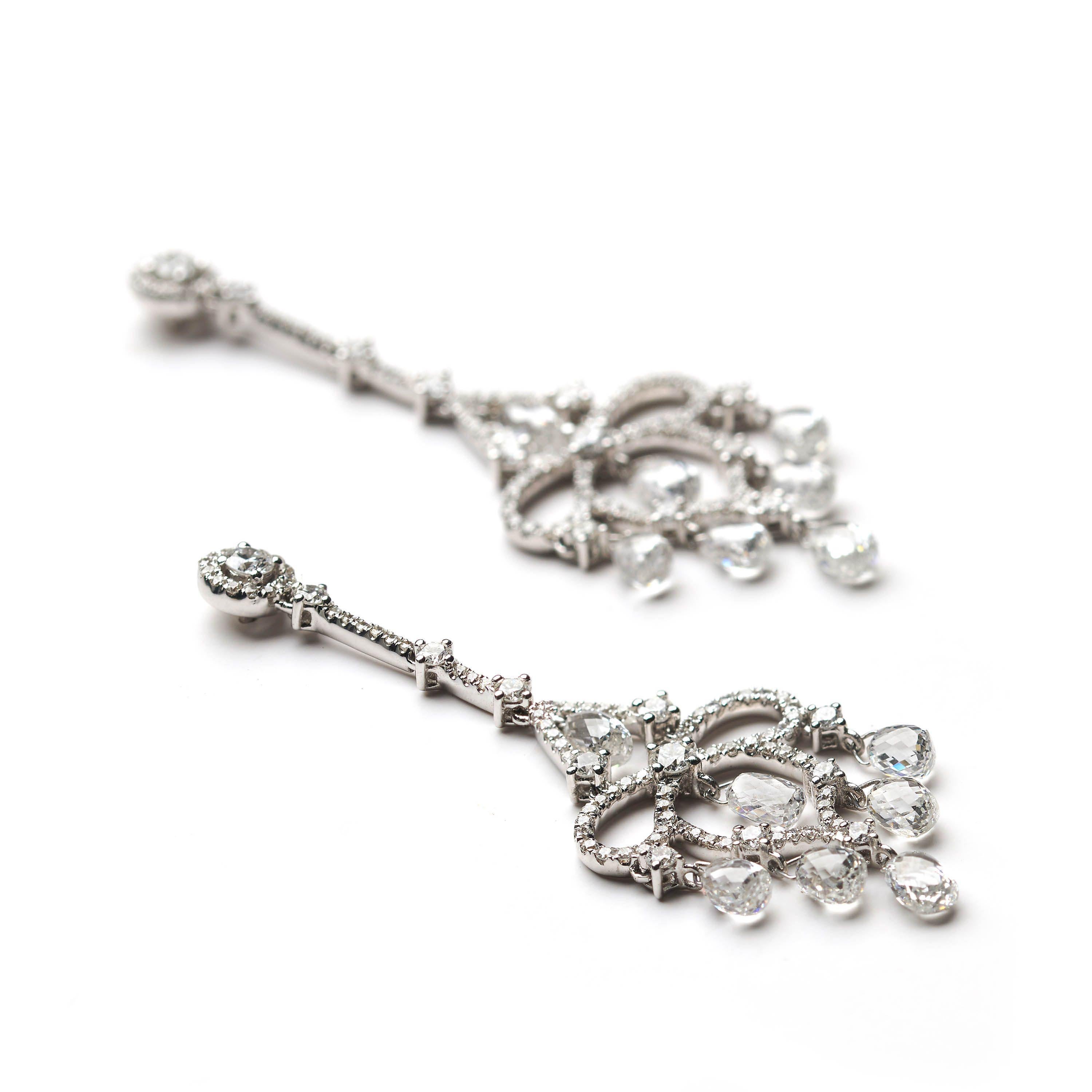 Briolette Cut Modern Briolette Diamond And White Gold Drop Earrings, 7.23 Carats For Sale