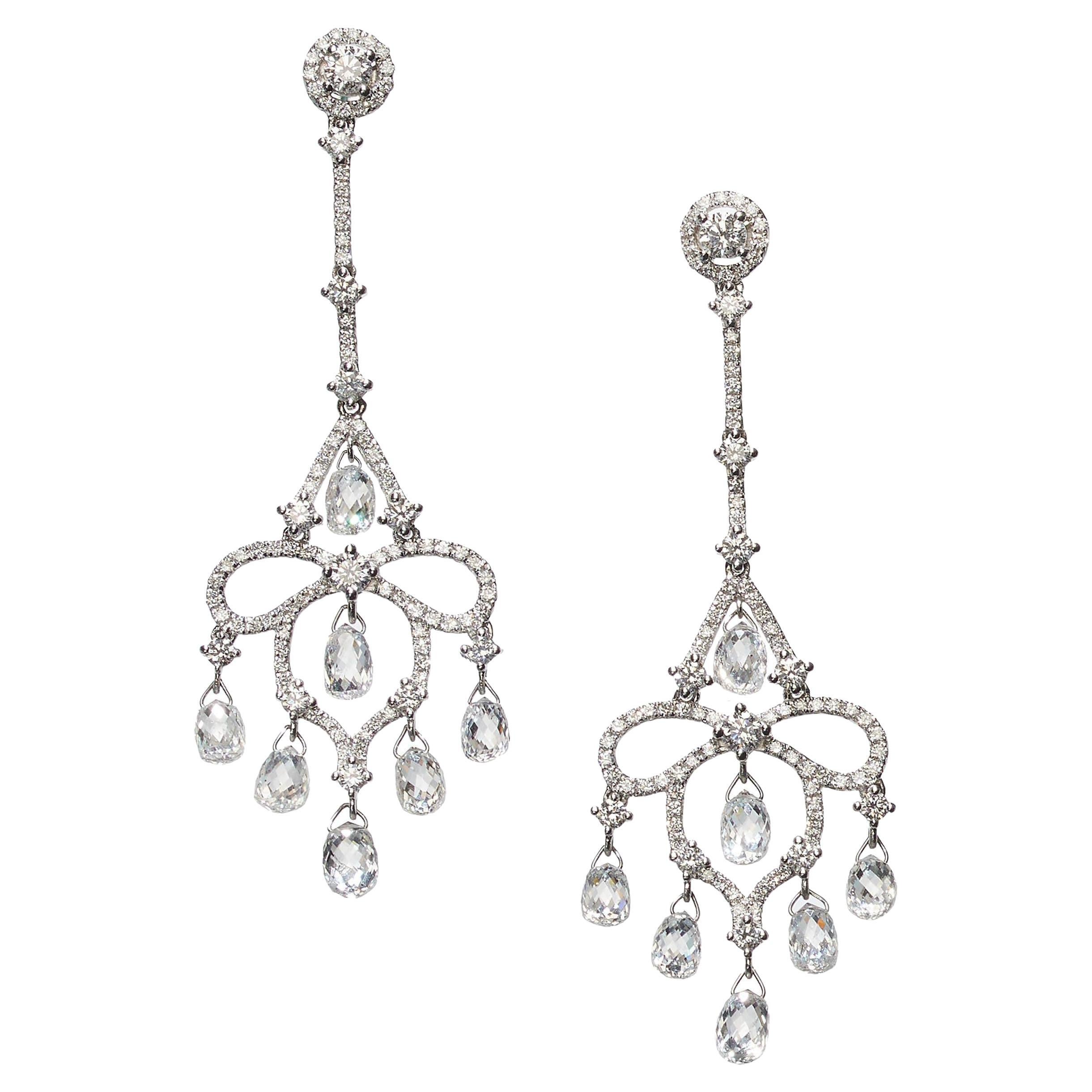 Modern Briolette Diamond And White Gold Drop Earrings, 7.23 Carats For Sale