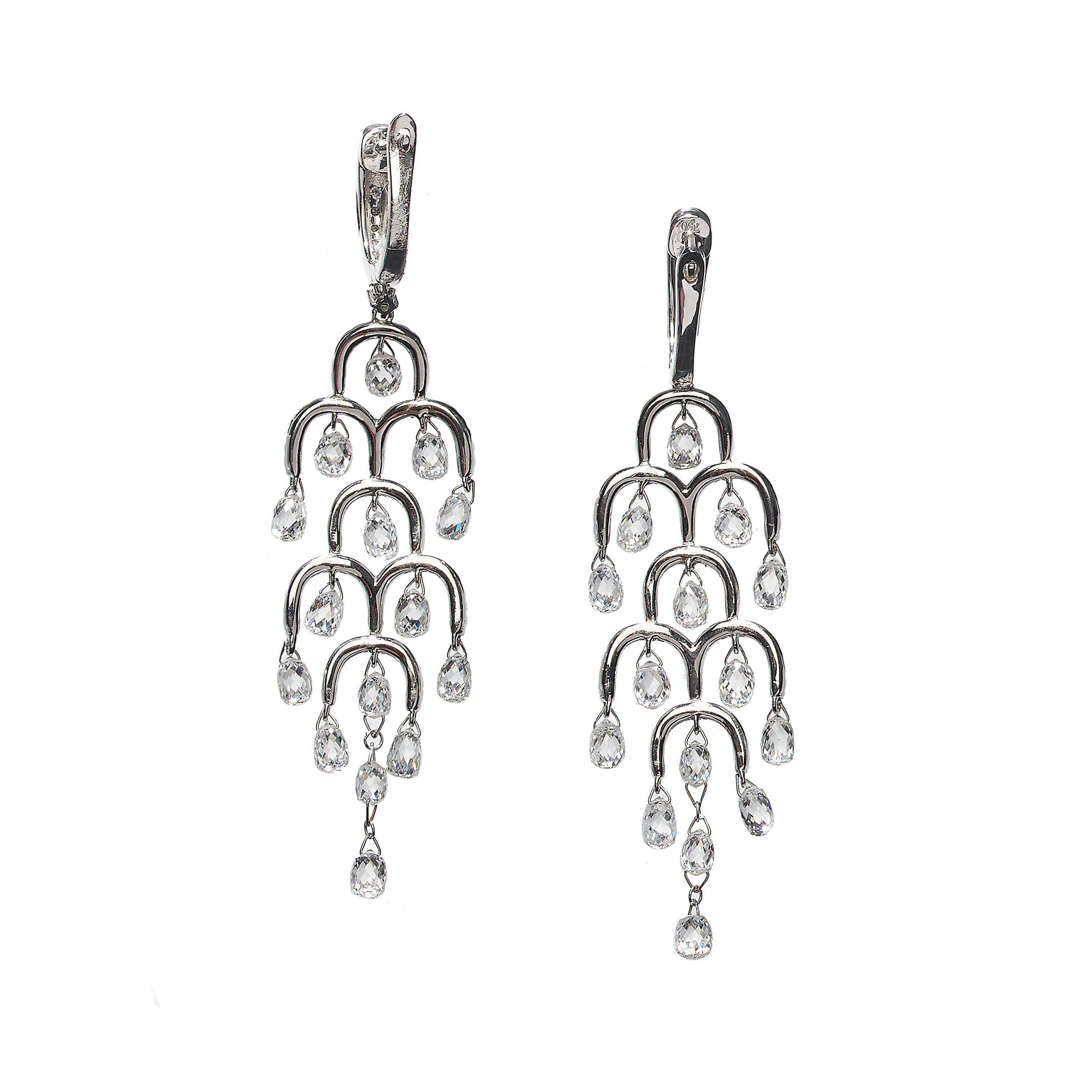 A pair of modern briolette diamond and white gold drop earrings, with round brilliant-cut diamond micro pavé set tops, with five rows of alternating, single and double arches, set with round brilliant-cut diamonds, suspending briolette-cut diamond