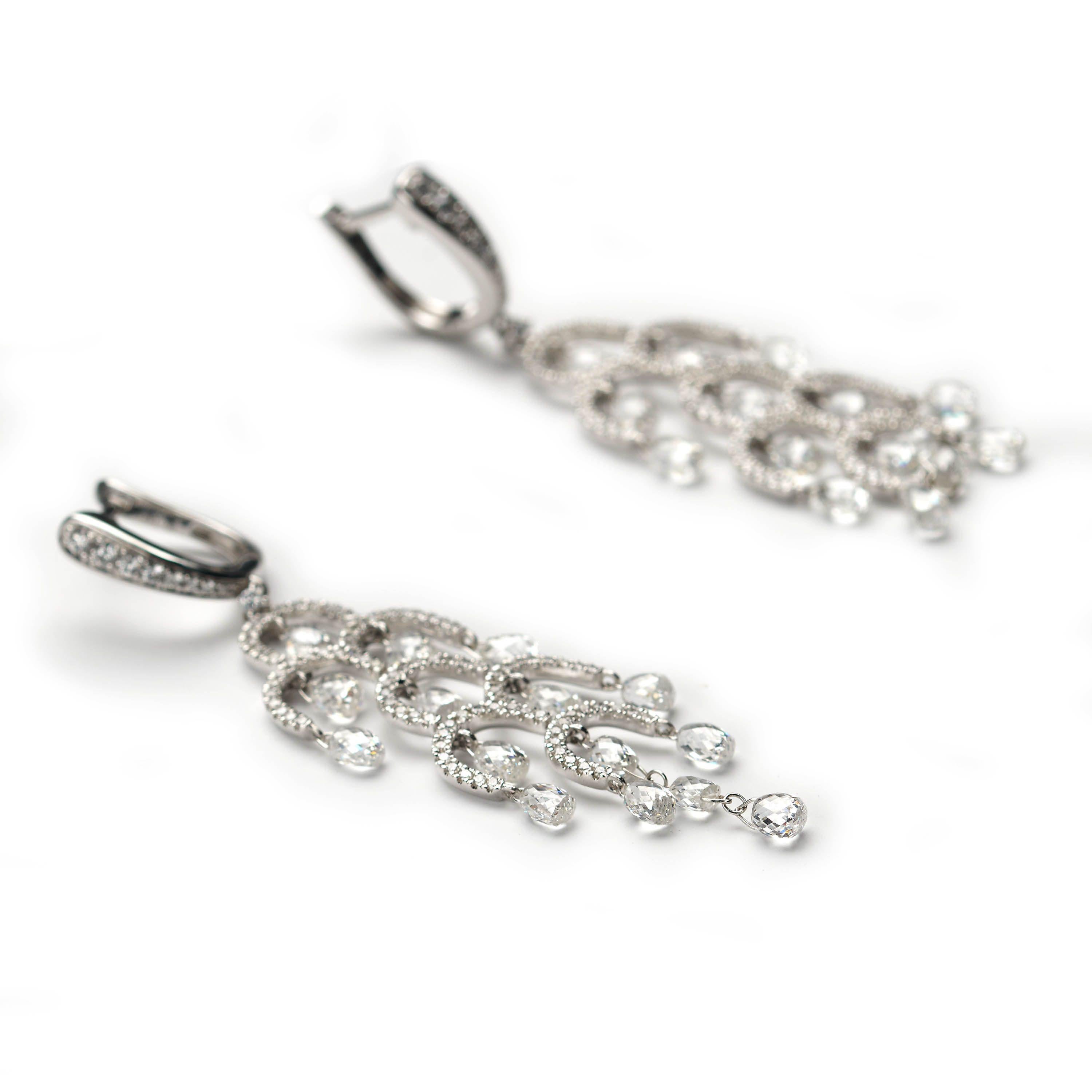 Briolette Cut Modern Briolette Diamond And White Gold Drop Earrings, 7.92 Carats For Sale