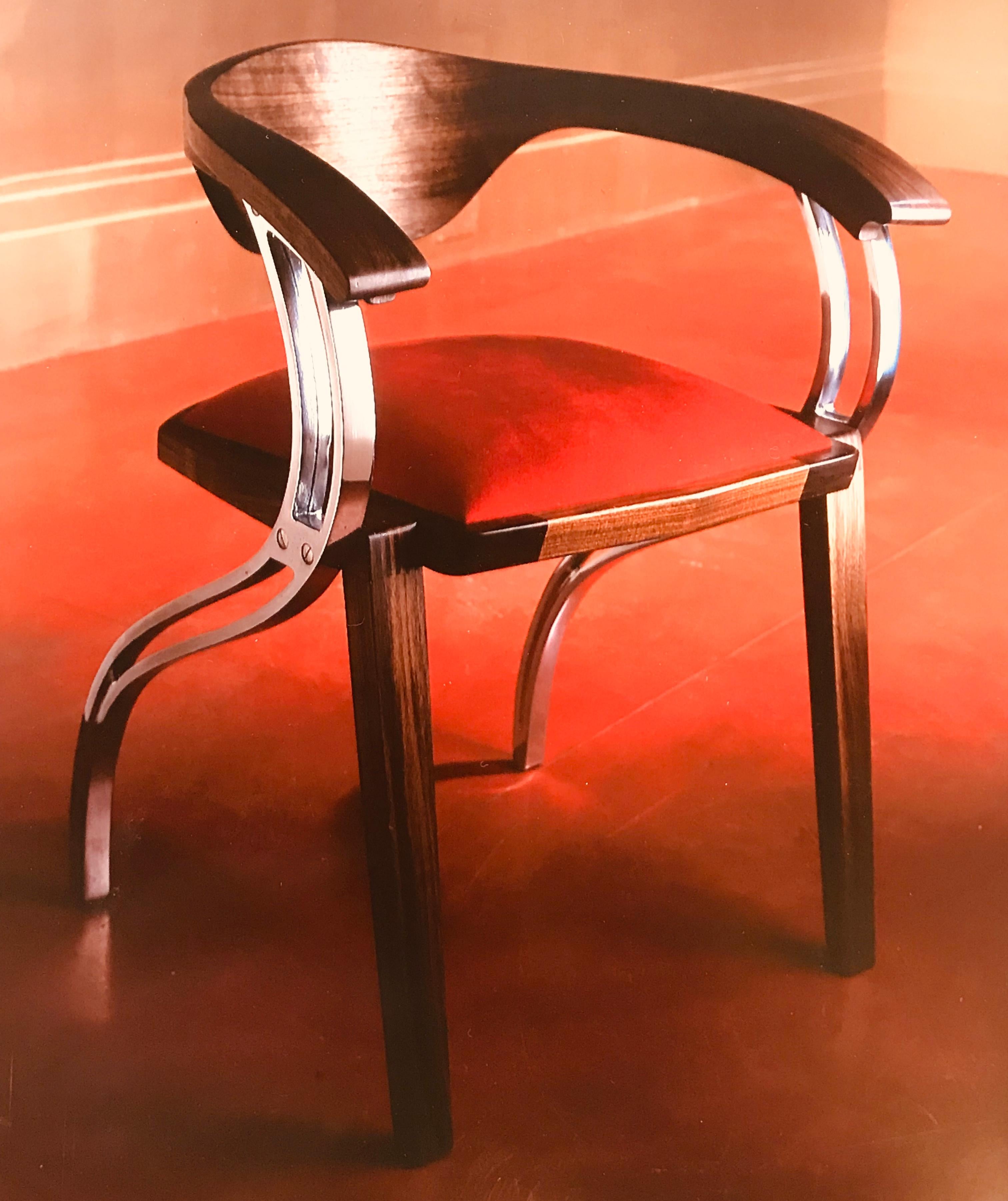 Modern Contemporary Walnut and Aluminium Dining Chair Upholstered In Red Alcantara For Sale