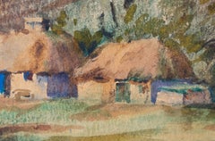 Chalets au bord d'un lac et montagnes en arrière-plan, moderne British milieu du 20e siècle