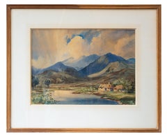 Chalets au bord d'un lac et montagnes en arrière-plan, moderne British milieu du 20e siècle