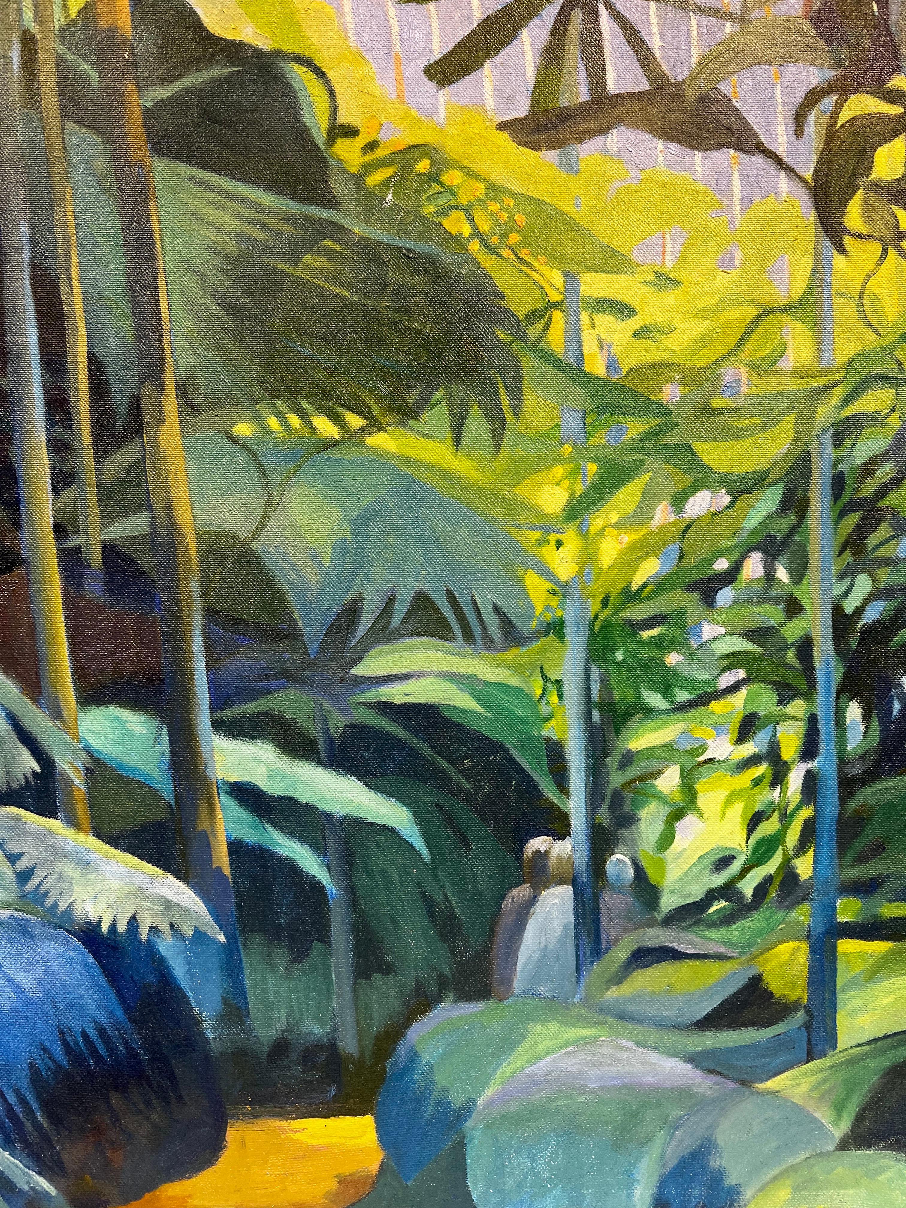 Artist/ School: Modern British School, contemporary, signed with initials lower corner

Title: Exotic plants in an extravagant garden conservatory interior setting.

Medium: oil on canvas, unframed 

Canvas : 34 x 26 inches

Provenance: private
