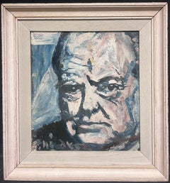 Retrato de Winston Churchill Original óleo británico del siglo XX enmarcado