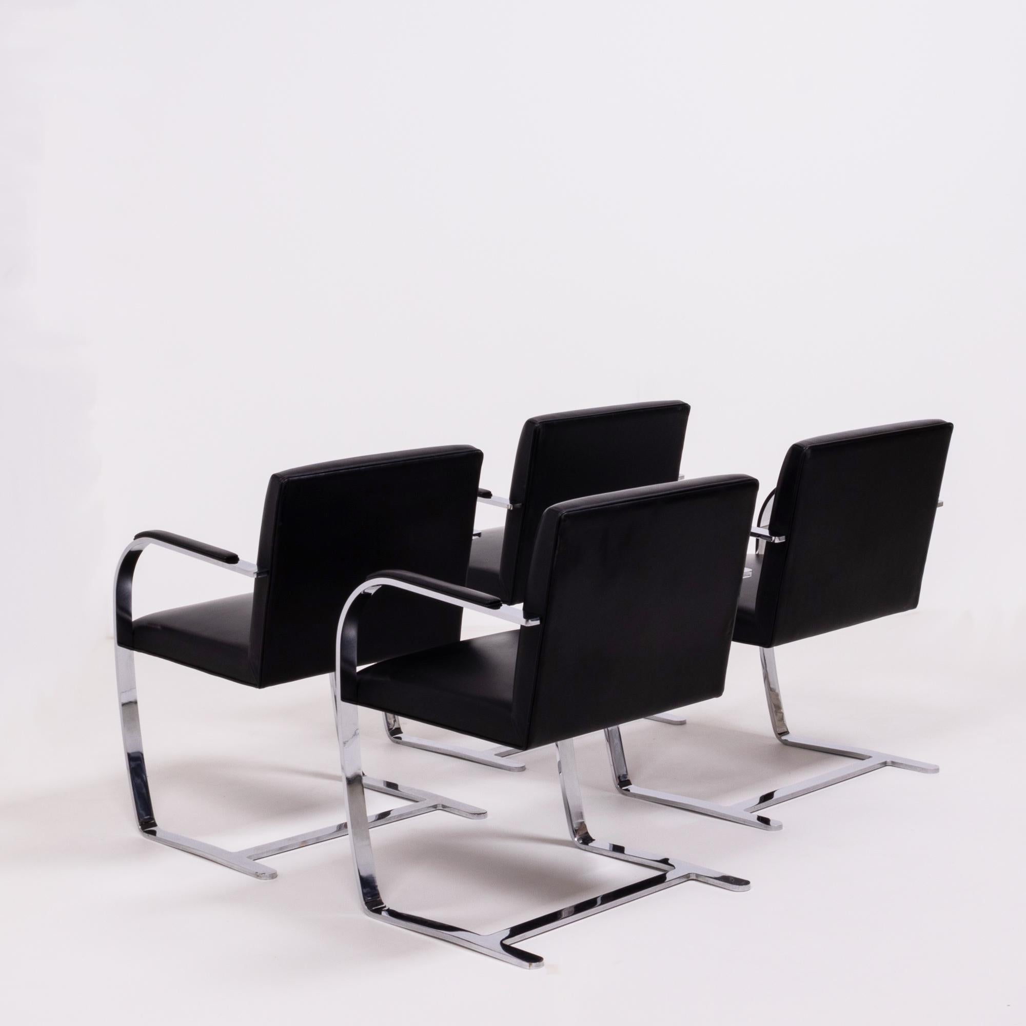 Italian Knoll  Brno Modernist Black Leather Flat Bar Cantilever Chairs, Set of 4