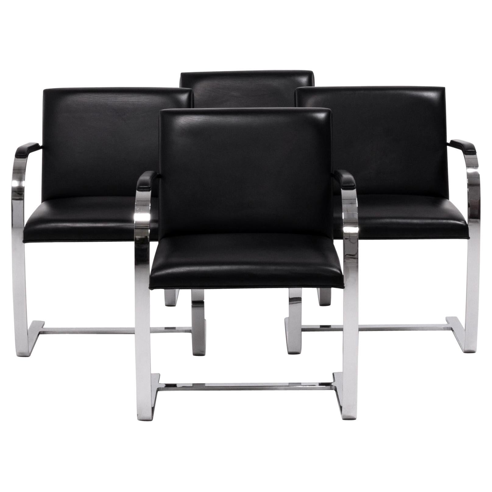 Knoll  Brno Modernist Black Leather Flat Bar Cantilever Chairs, Set of 4