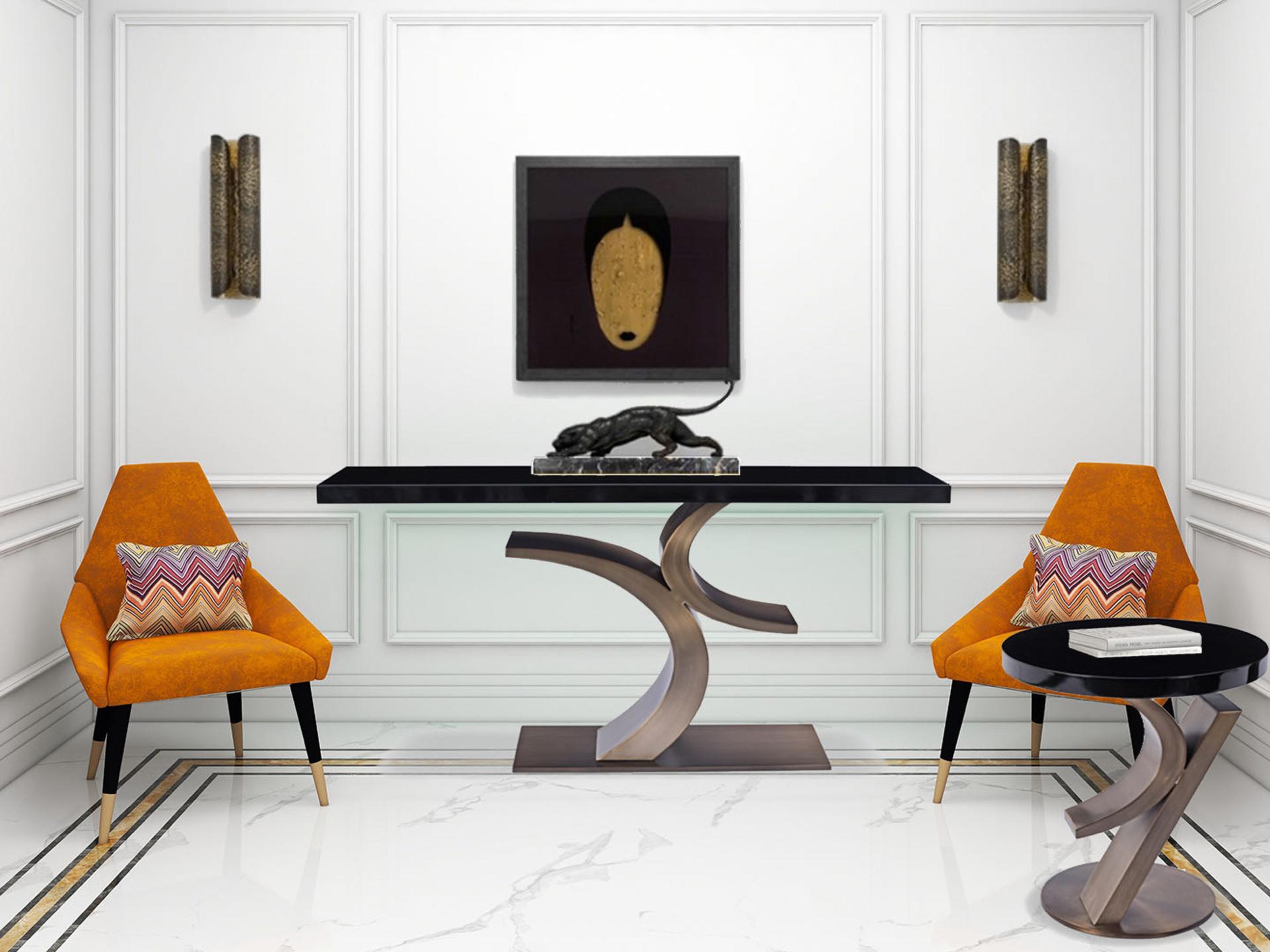 Bronzed Modern Bronze and lacquer end table designed by Greg Sheres.  Now in stock. For Sale