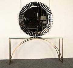Modern Bronze on Steel Arched Base Console Table with Black Glass Top