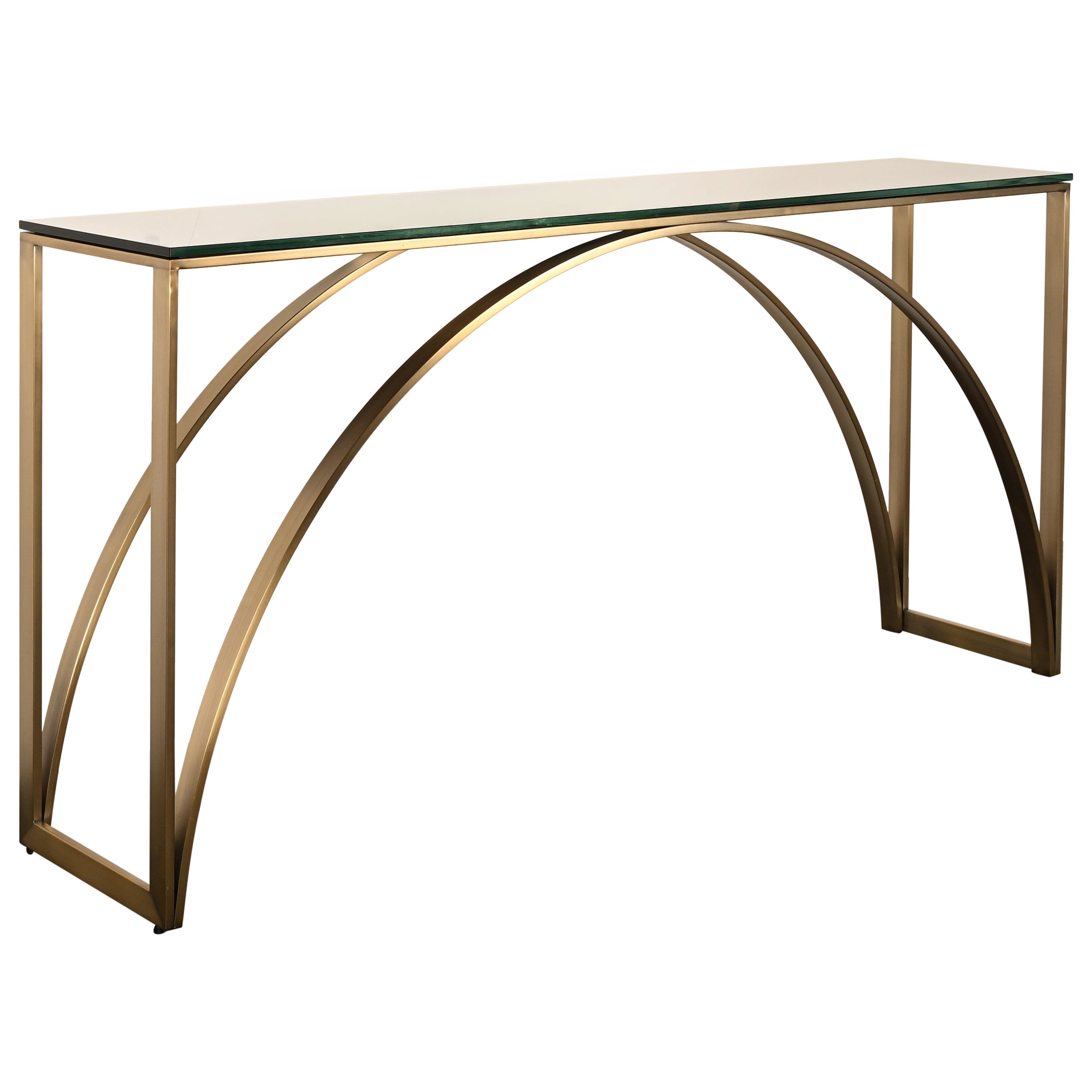 Modern Bronze on Steel Arched Base Console Table with Black Glass Top For Sale