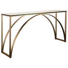Modern Bronze on Steel Arched Base Console Table with Black Glass Top