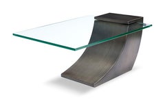 Modern Bronze cocktail table designed by Greg Sheres. In stock.  Glass top.