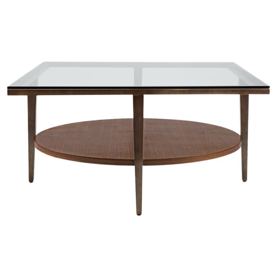 Moderner Cocktailtisch aus Bronze mit Glasplatte, entworfen von Greg Sheres.  Auf Lager.