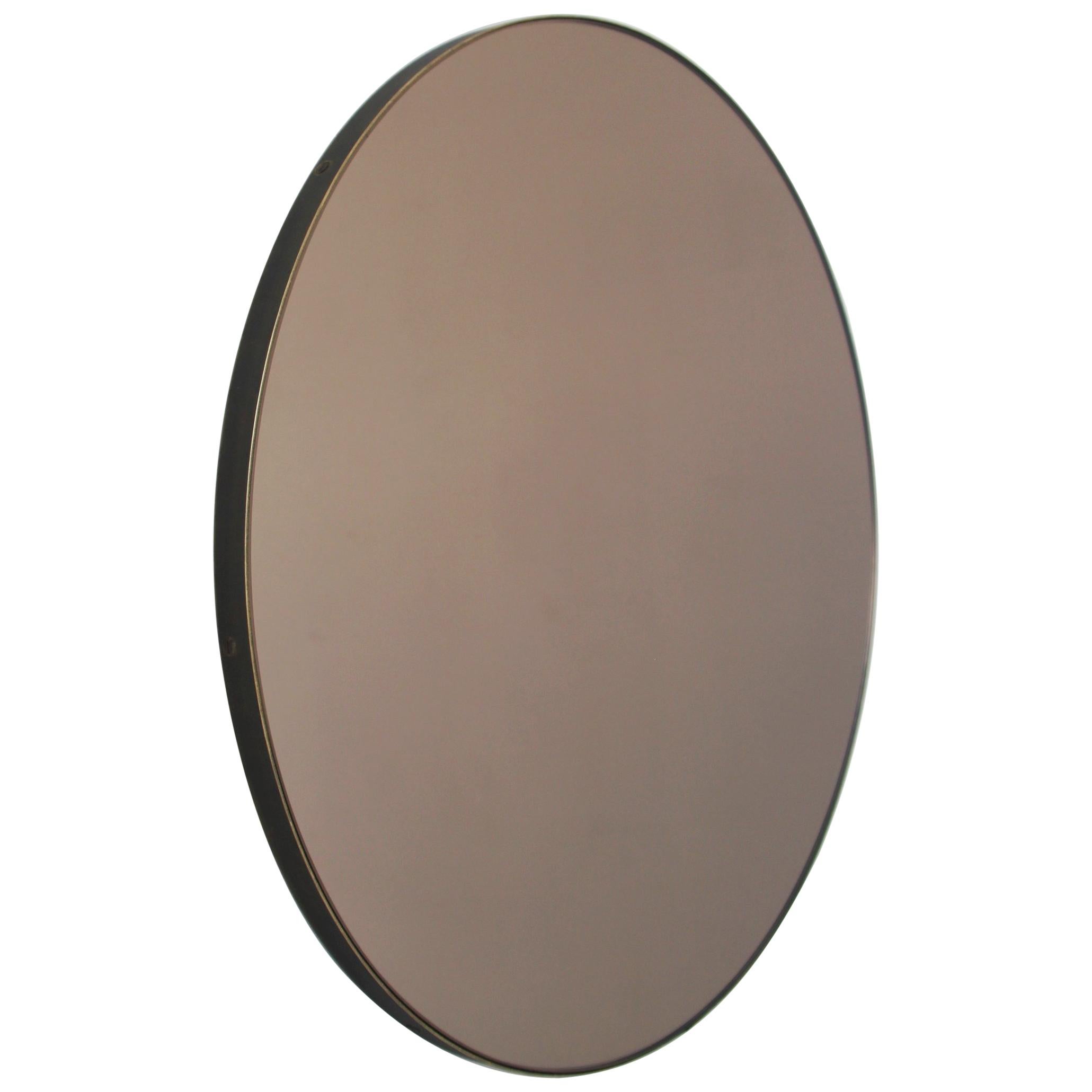 Orbis Bronze Tinted Round Contemporary Mirror with Bronze Patina Frame, Regular For Sale