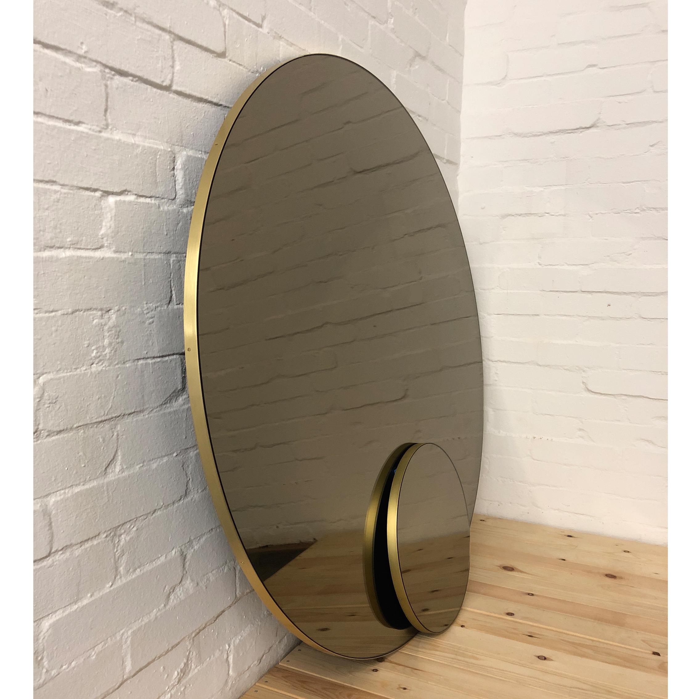 Brushed Orbis Bronze Tinted Handcrafted Circular Mirror with Brass Frame, Regular For Sale