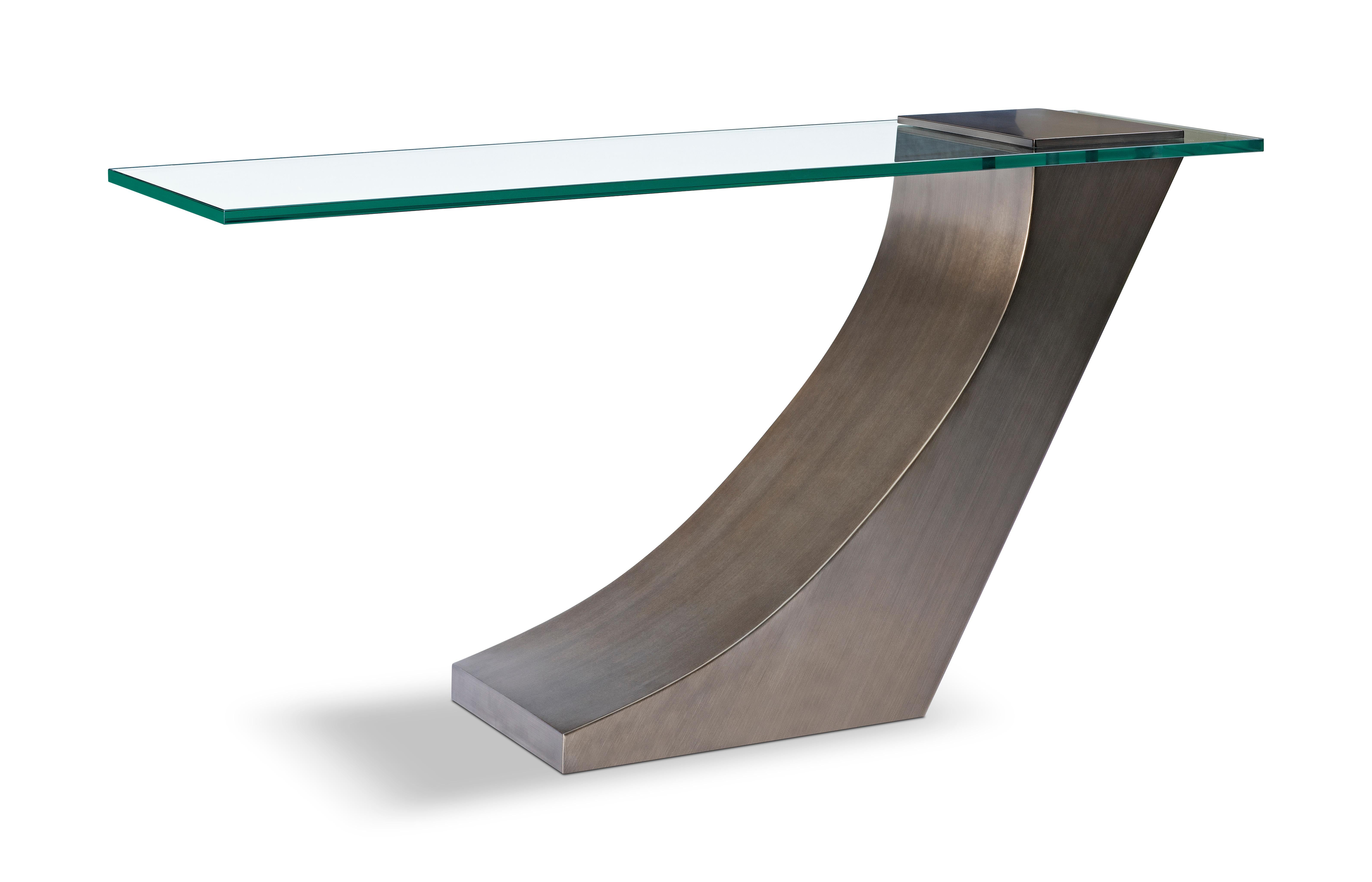 Modern Bronze Console Table Designed by Greg Sheres.;“Clasp” console table.

Sculptural, Elegant, Timeless. The “Clasp” Bronze console table makes a big statement and yet has a minimalist spirit. The graceful curve and gravity defying cantilevered