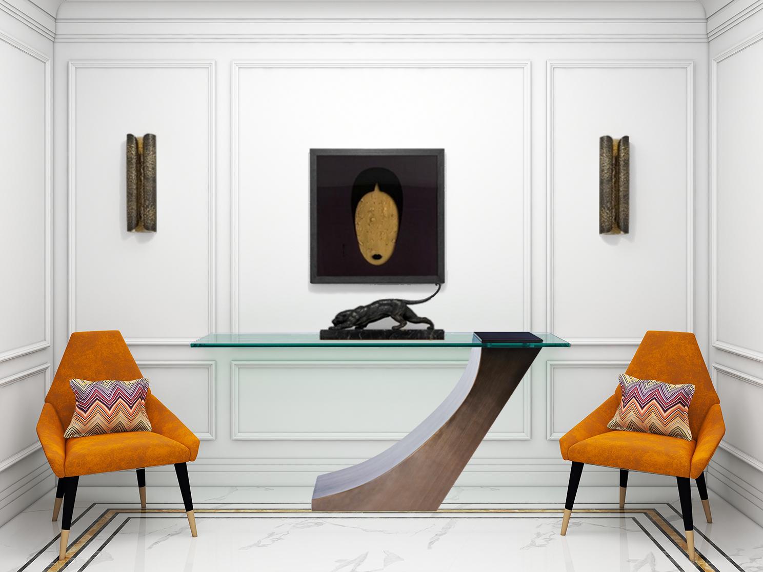 Brushed Modern Bronze Console table designed by Greg Sheres.  In stock now. For Sale