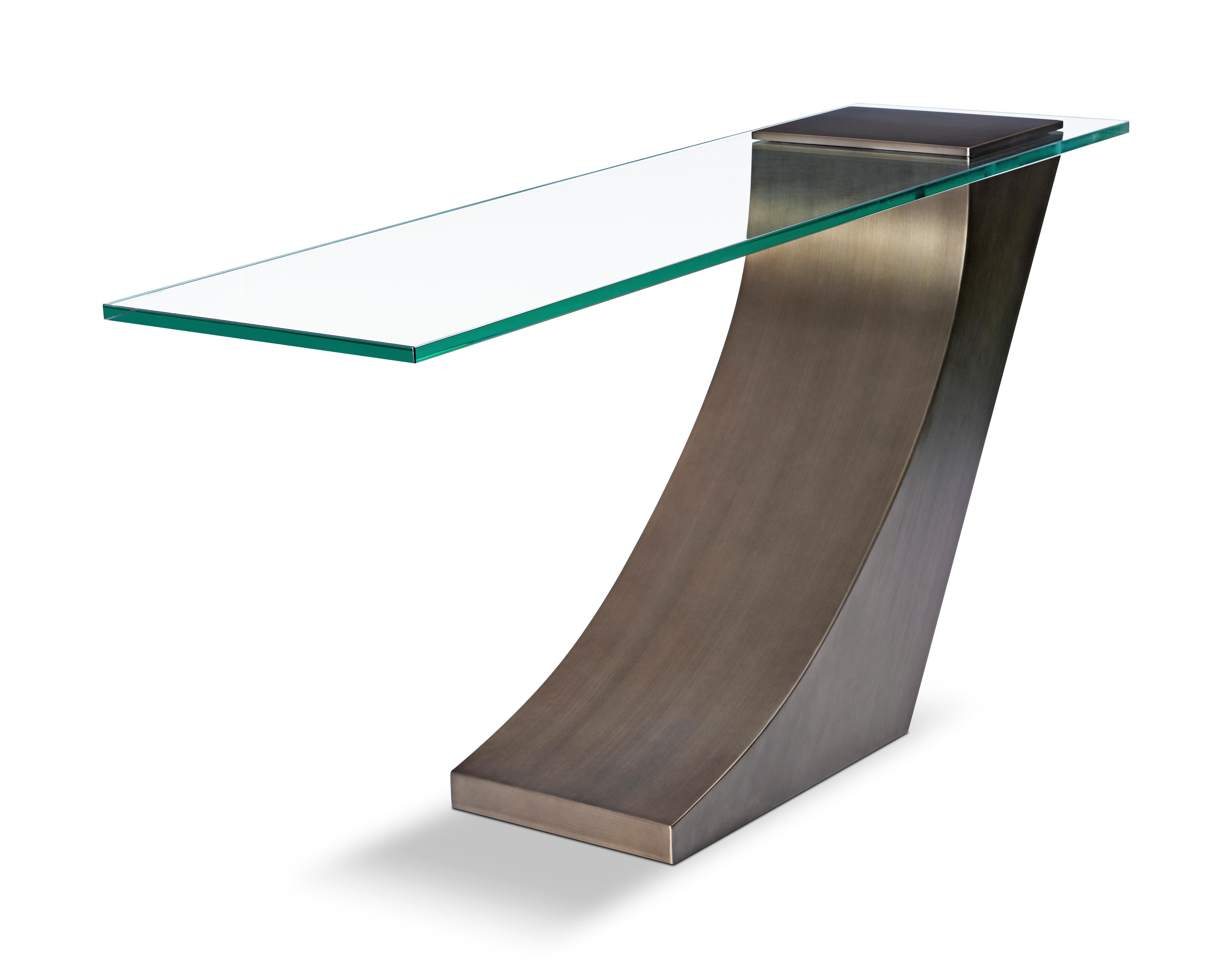 Chinese Modern Bronze lamp table designed by Greg Sheres.  Cantilevered 3/4” glass top For Sale