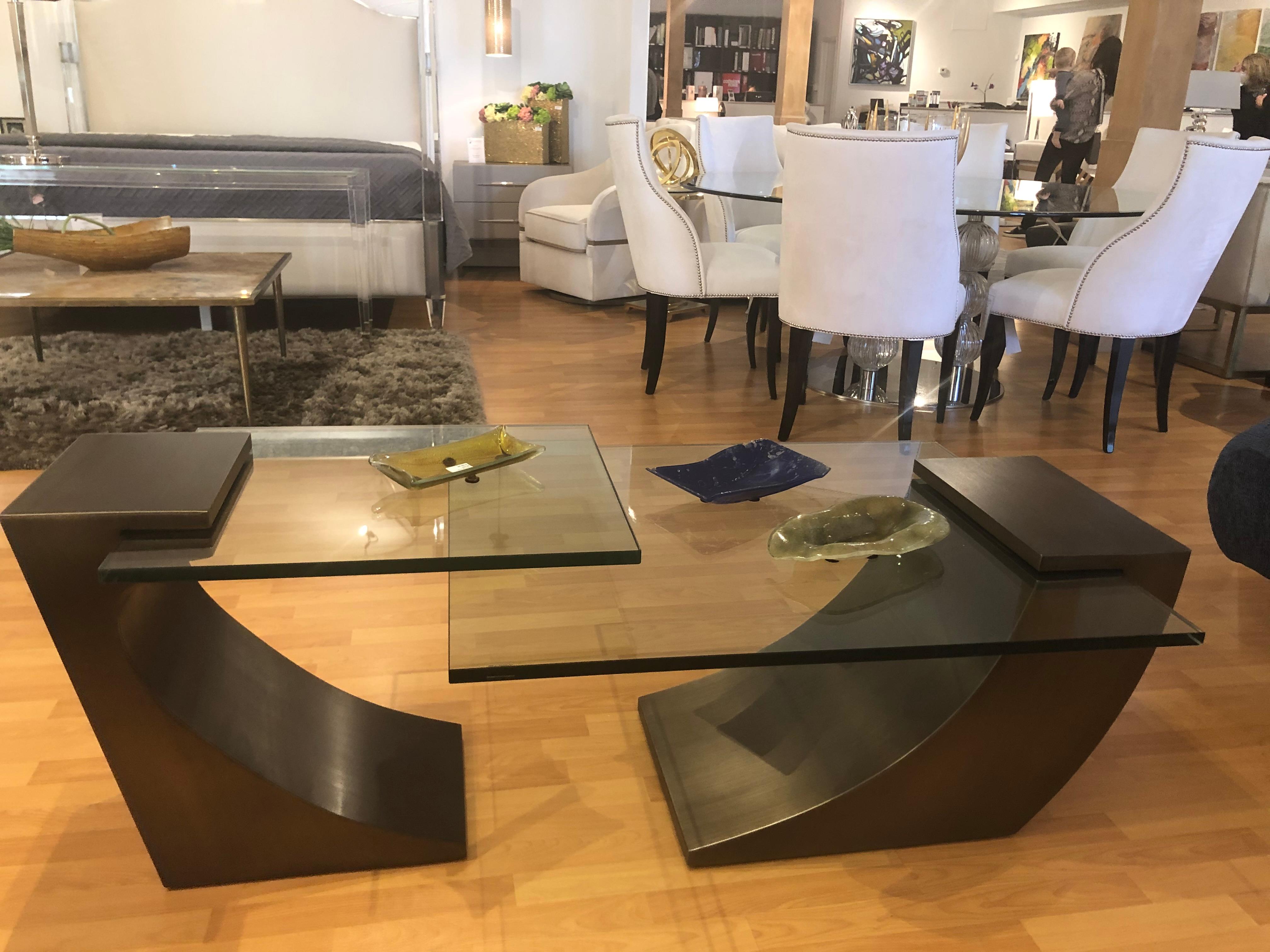 Bronzed Modern Bronze lamp table designed by Greg Sheres.  Cantilevered 3/4” glass top For Sale